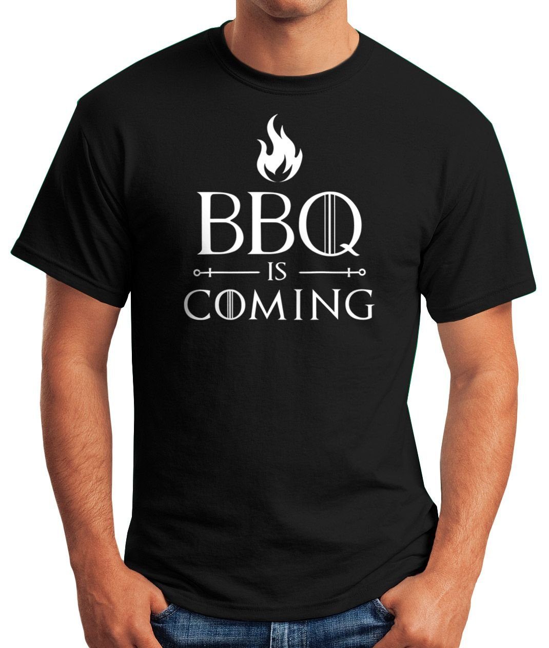 MoonWorks Fun-Shirt Grillen Barbecue BBQ Herren Moonworks® mit Is Print Print-Shirt Spruch lustig T-Shirt Coming