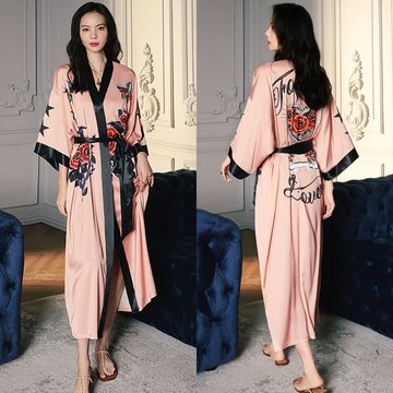 Vivi Idee Morgenmantel Bademantel Schlafmantel kimono lang leicht satin Sauna Einheitsgröße