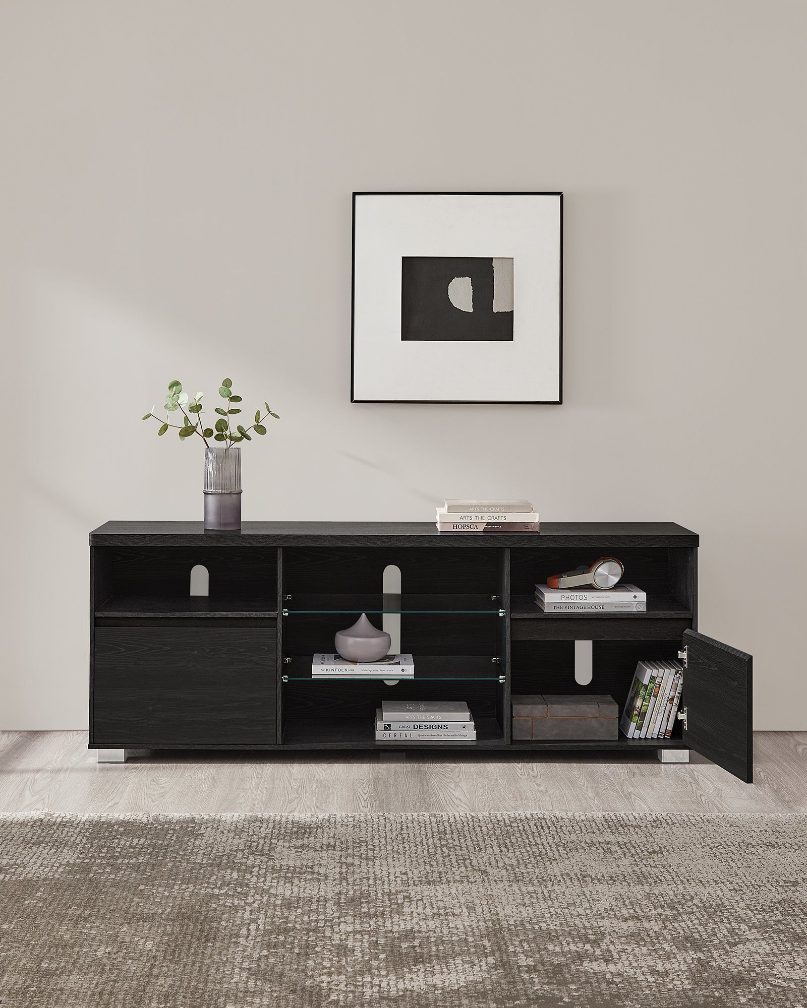 VASAGLE TV-Schrank mit LED-Beleuchtung, Fernsehtisch, für Wohnzimmer, 40 x 160 x 60 cm für Fernseher bis zu 70 Zoll, mit offenen Ablagen, 2 Schränke, schwarz
