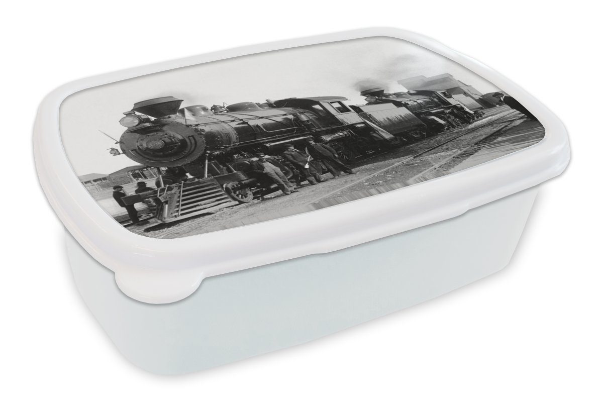 und Kunststoff, antiken eines für Brotdose, (2-tlg), Schwarz-Weiß-Fotografie Jungs für Dampfzuges, und Erwachsene, MuchoWow Kinder Mädchen Lunchbox Brotbox