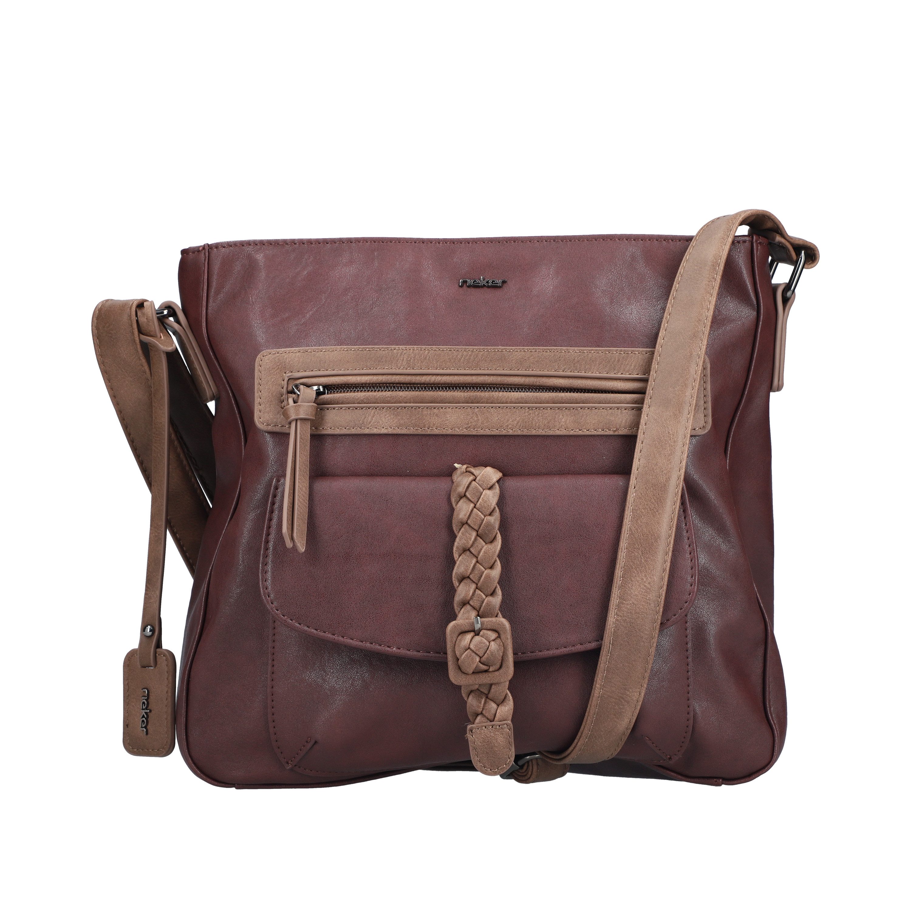 Rieker Umhängetasche, Damen Schultertasche, Vortasche mit geflochtenem Riemchenverschluss