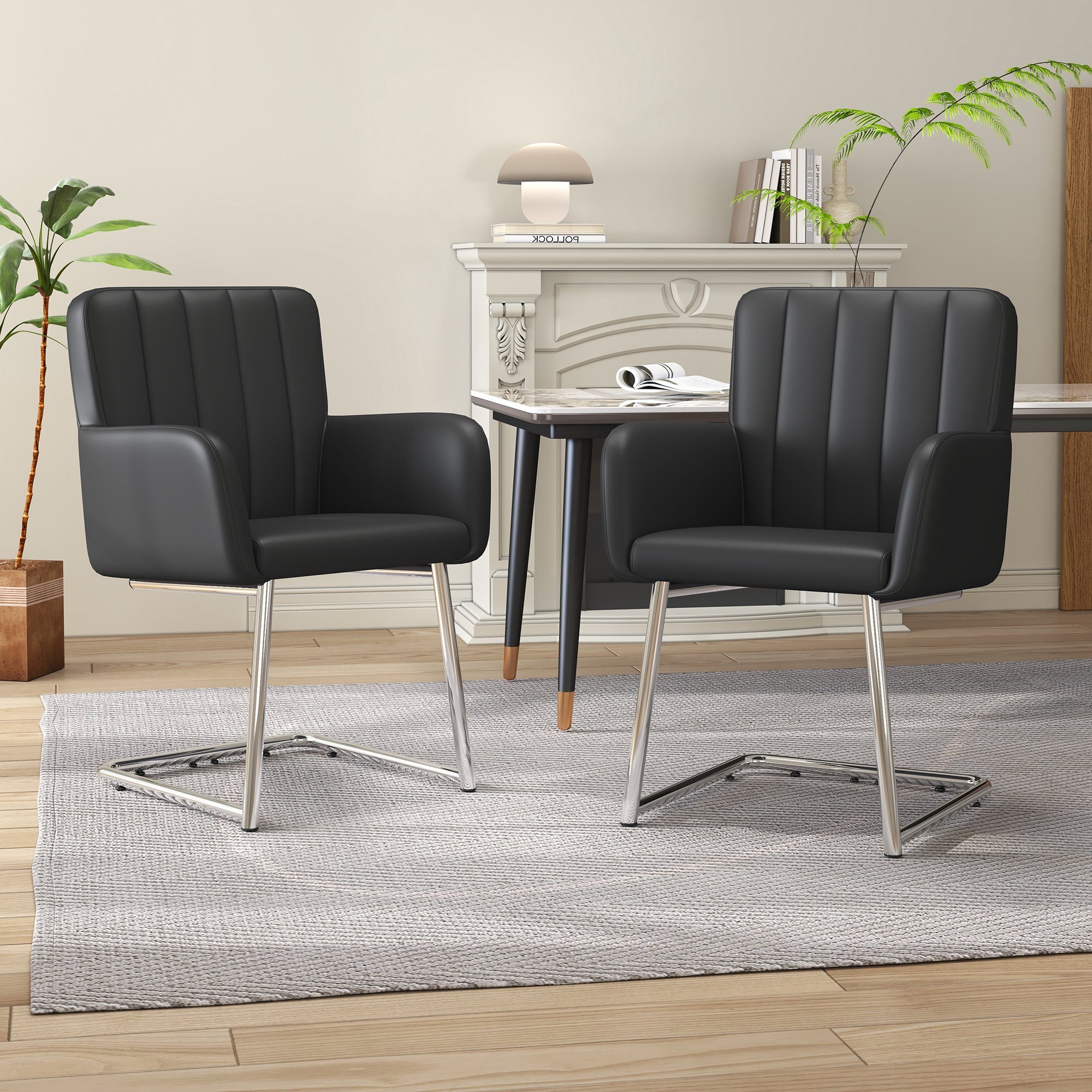 Odikalo Esszimmerstuhl 2er Set Sessel gepolstert zickzackform Metallbeine Leder schwarz/grau