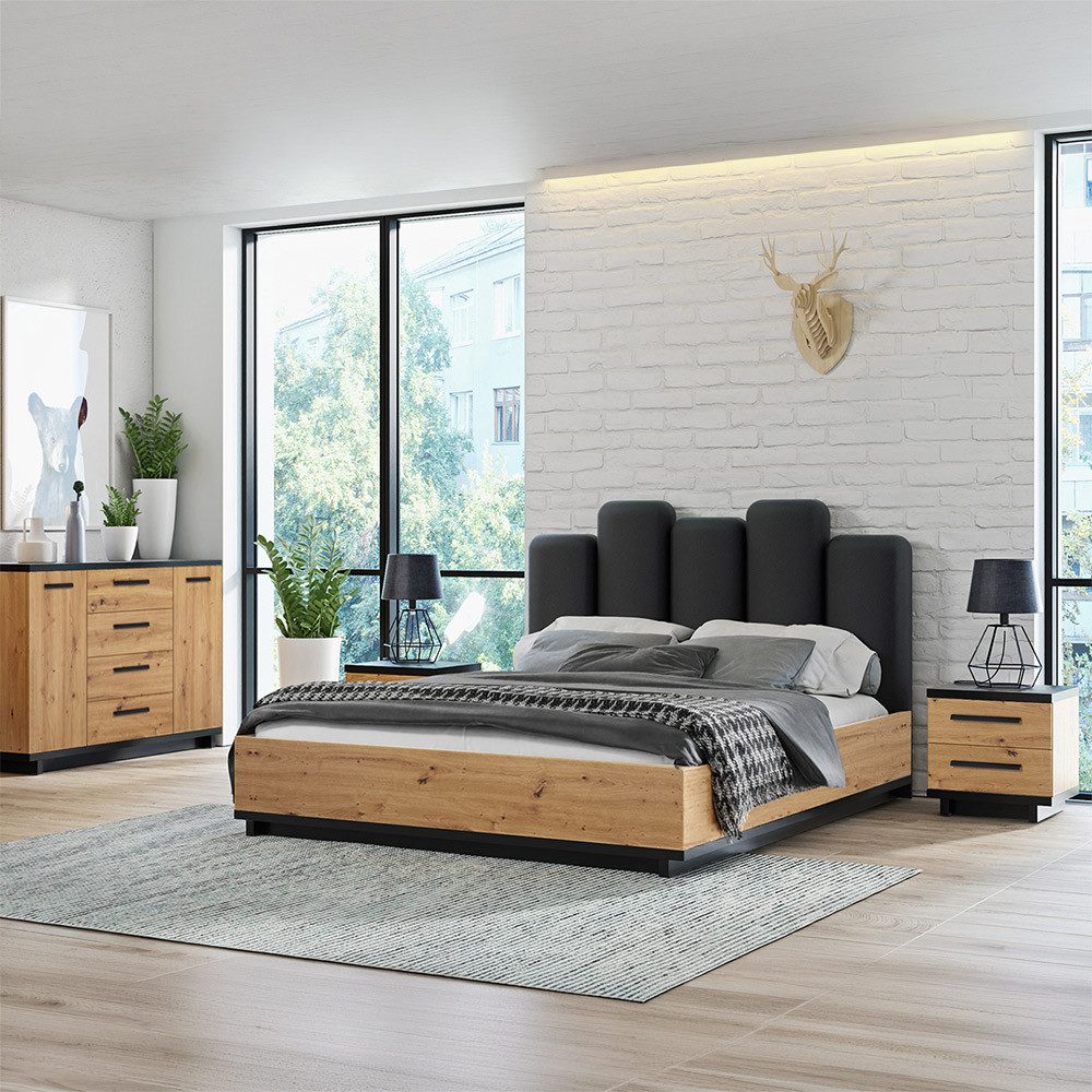 Lomadox Schlafzimmer-Set ISOLA-132, (Spar-Set, 4-tlg., Bettgestell Sideboard Nachttische), in Eiche und Schwarz, Liegefläche 160x200 cm