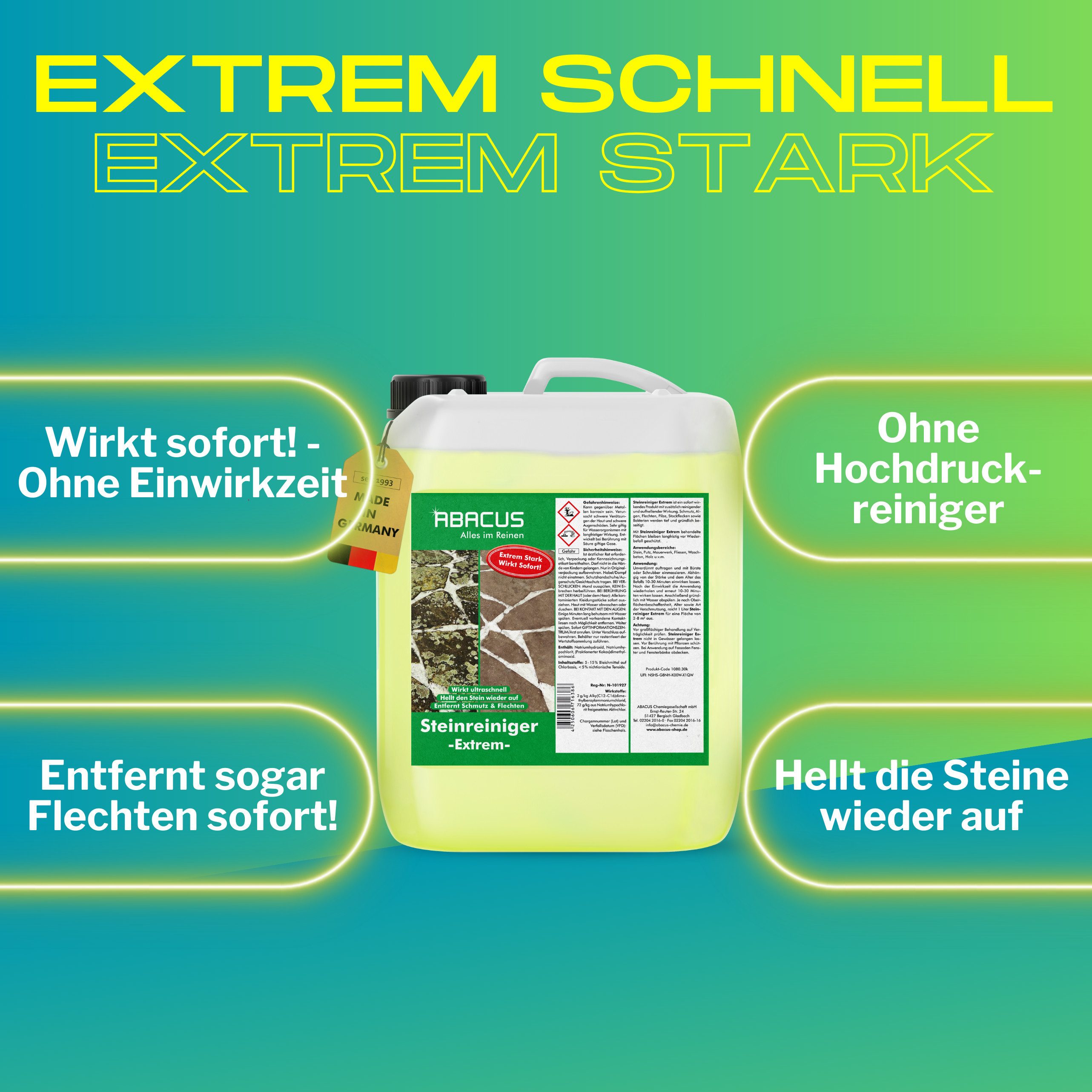 ABACUS Steinreiniger Extrem, Flechtenentferner, Steinreiniger Intensiv außen Grünbelagentferner (Entfernt sofort Algen, Schmutz, Grünbelag und Flechten, [- 5000ml Steinreiniger Extrem mit Sofortwirkung)