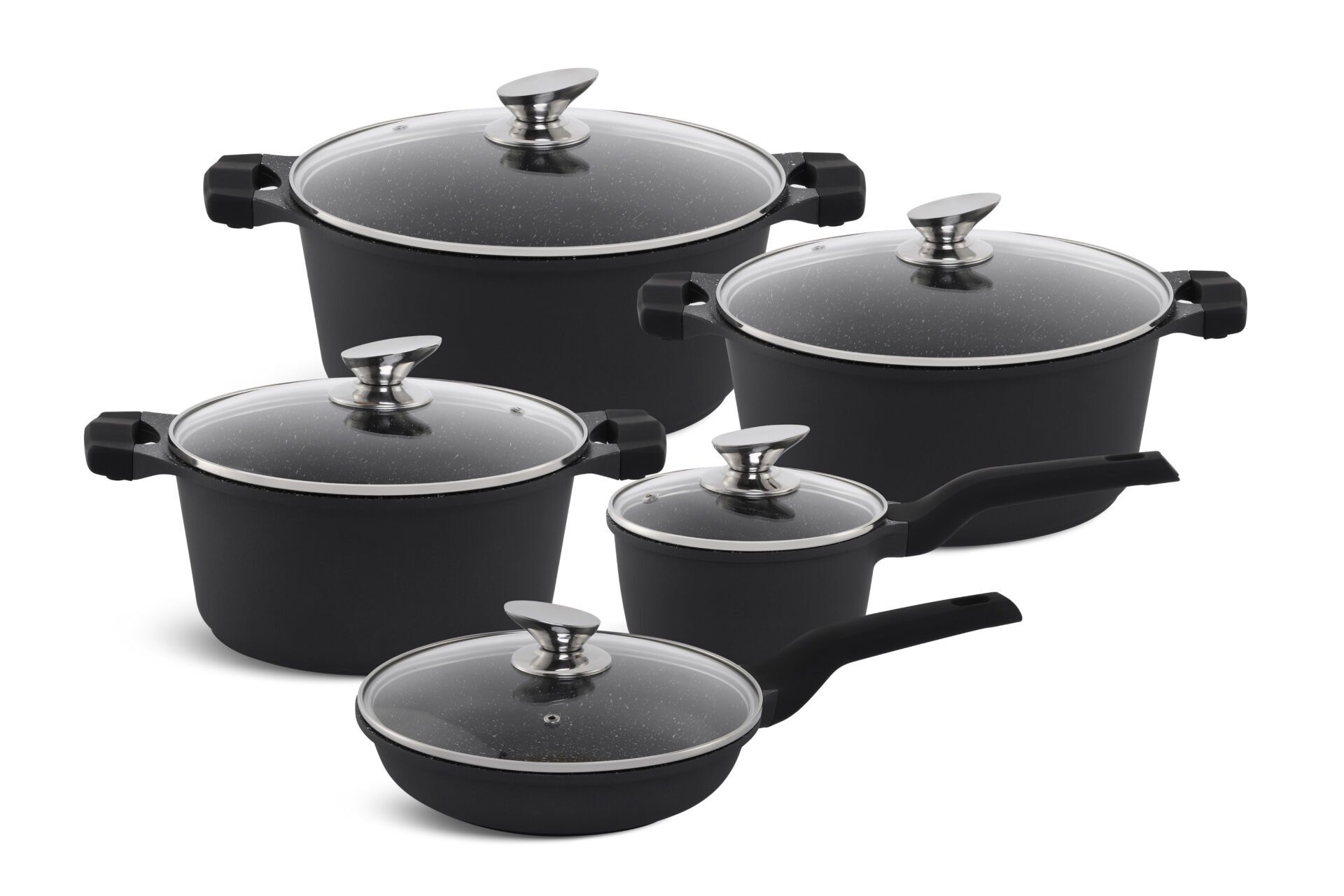 Topf-Set Schwarze Töpfe, Topfset, Kasserolle, Pfanne, GLASDECKEL Topfset