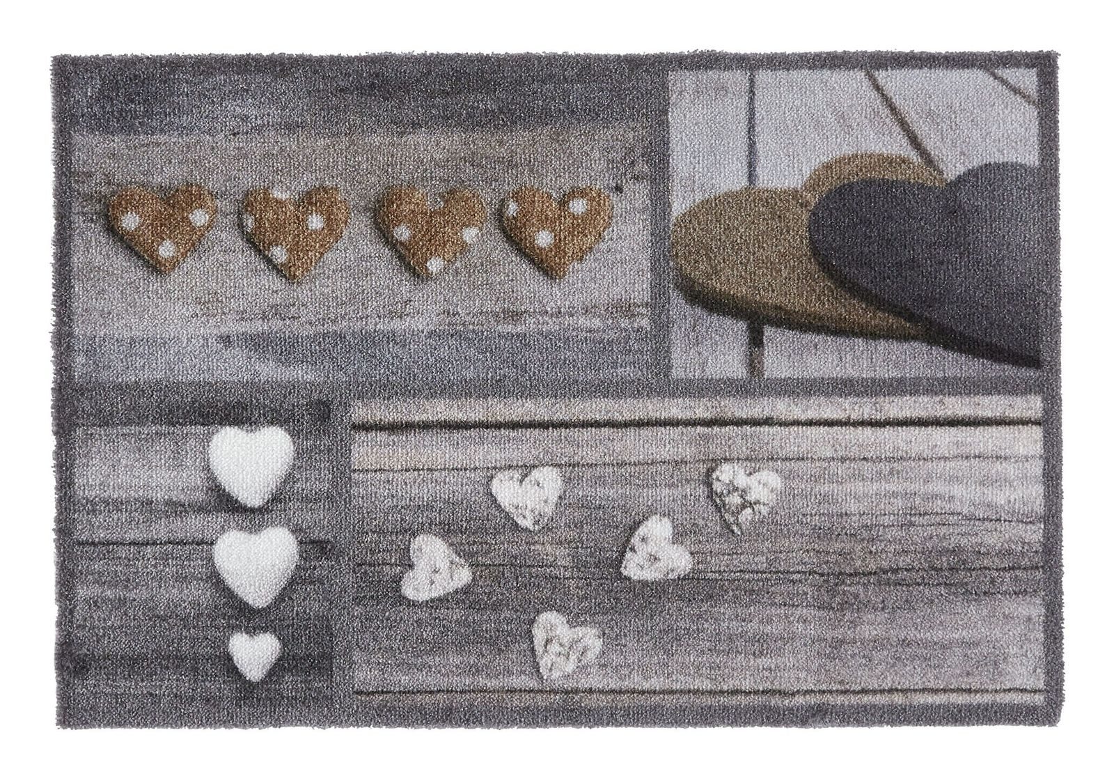 MD Entree Fußmatte Ambiance Schmutzfangmatte Eingangsmatte Innenbereich, rechteckig, Höhe: 8 mm, bei 30° waschbar, anti-rutsch, 50 x 75 cm, Hearts, grau