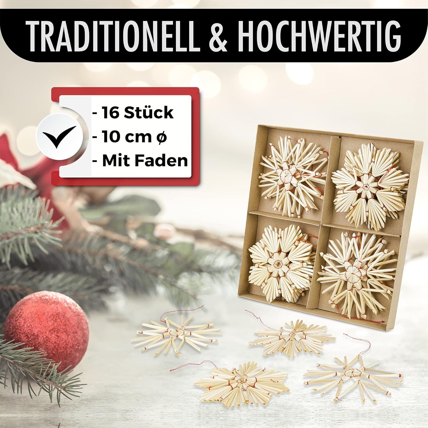 BEESI Christbaumschmuck 16x Strohsterne Set Ø 10cm I Christbaumschmuck Retro I Baumschmuck (16-tlg), I Weihnachtsbaumschmuck Strohsterne Retro – Bild 4 von 5