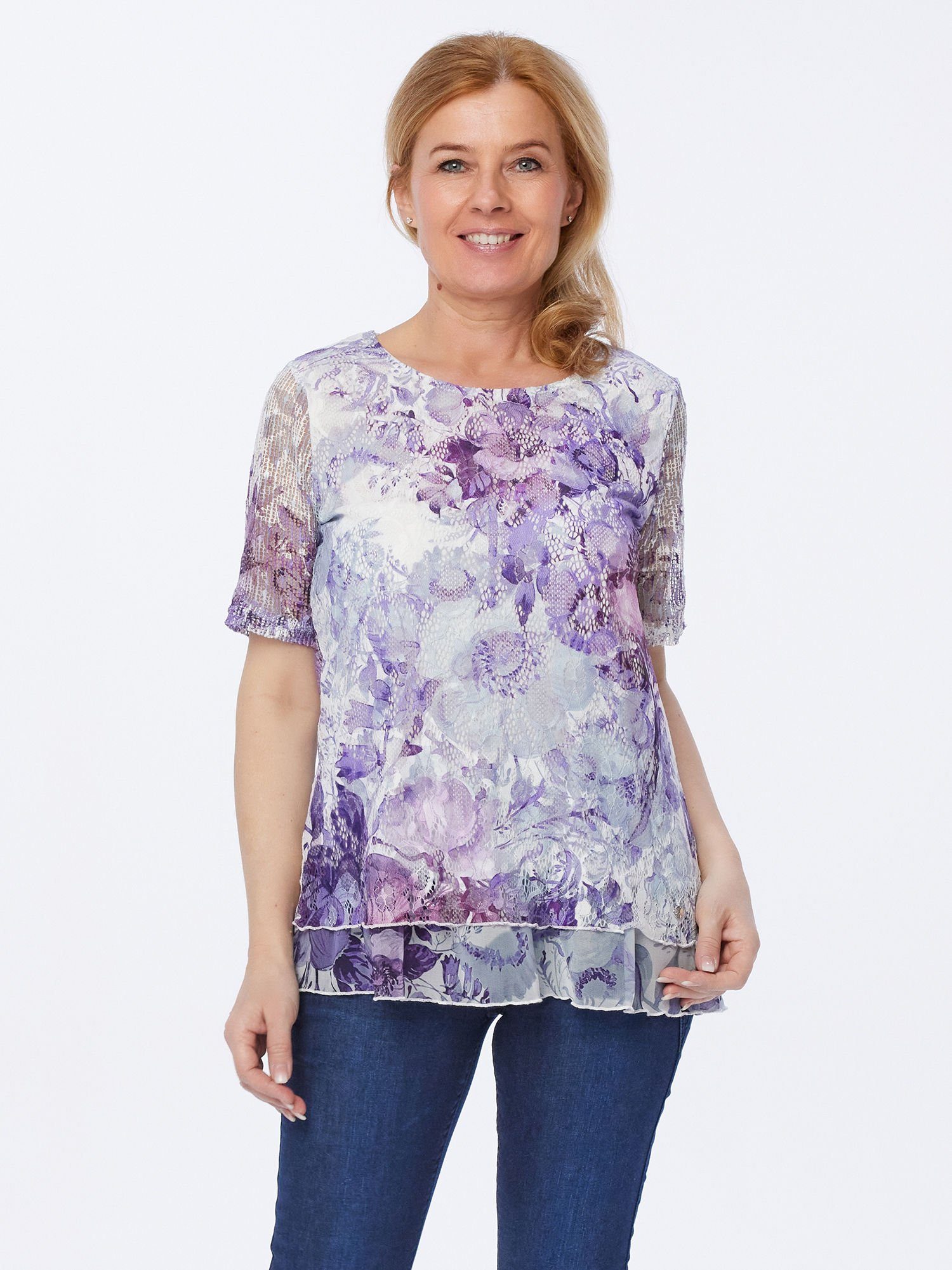 Christian Materne Langarmshirt Halbarmbluse figurumspielend mit Häkelspitze und Blumendruck