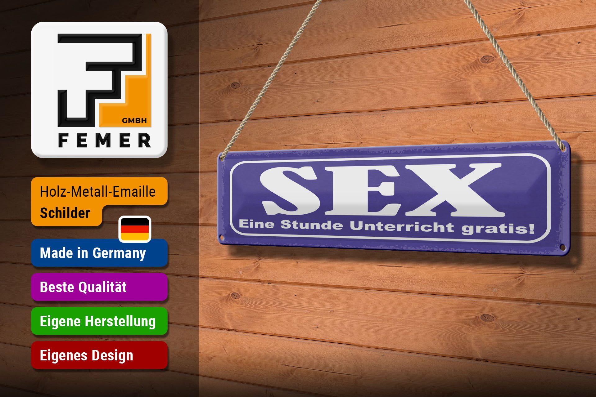 Femer GmbH Metallschild Spruch 46x10 cm Sex Eine Stunde Unterricht gratis, (1 St), gewölbte Oberfläche, abgerundete Ecken, umgeschlagene Kanten