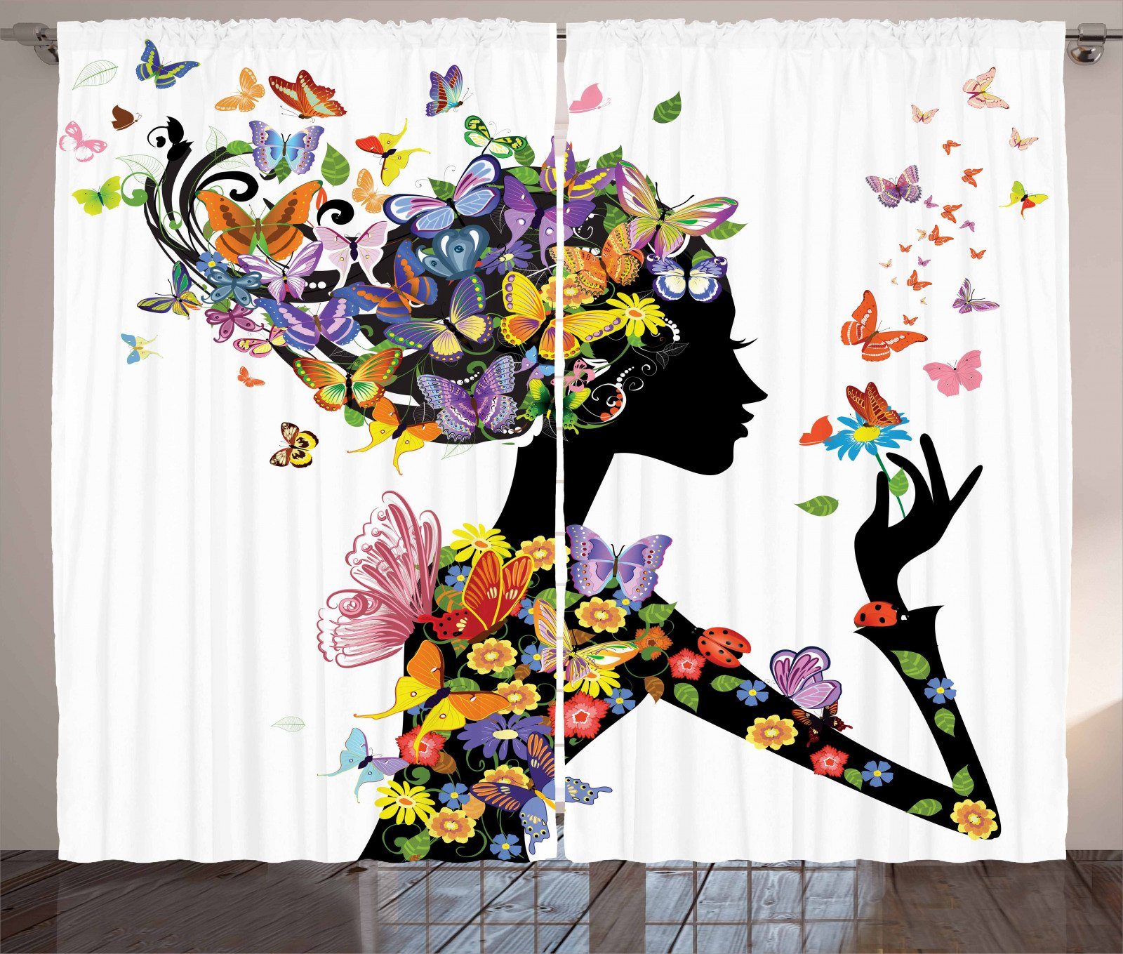 Gardine »Schlafzimmer Kräuselband Vorhang mit Schlaufen und Haken«,  Abakuhaus, Bunt Blumen mit Schmetterling online kaufen | OTTO