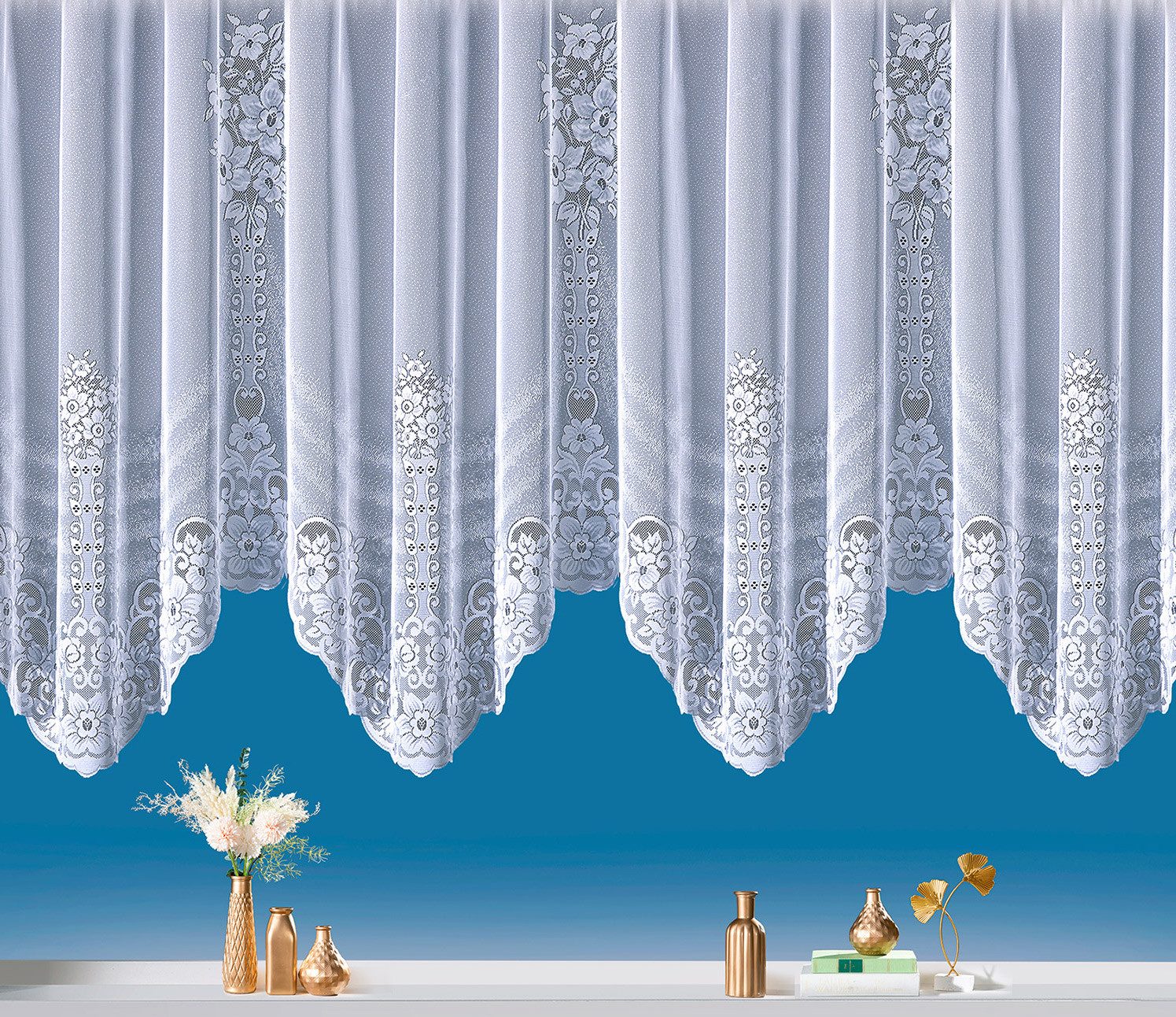 heimtexland Gardine Bogenstore Vorhang Blumen Spitze Scheibengardine (1 St), Kräuselband, halbtransparent, Jacquard, florale Bordüre I weiß I durchscheinend I dekorativ