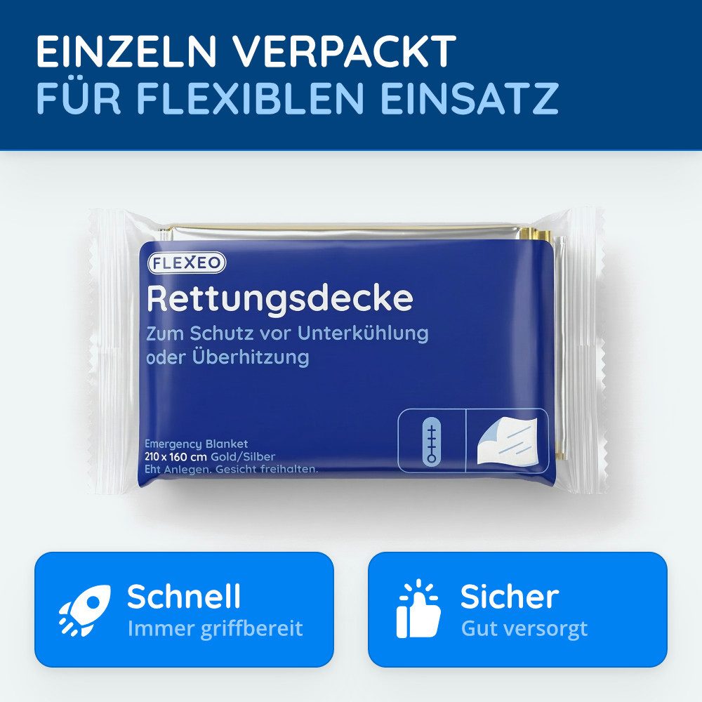 FLEXEO Erste-Hilfe-Set Rettungsdecken, (10 St), Rettungfolie gold/silber Erste-Hilfe-Decke