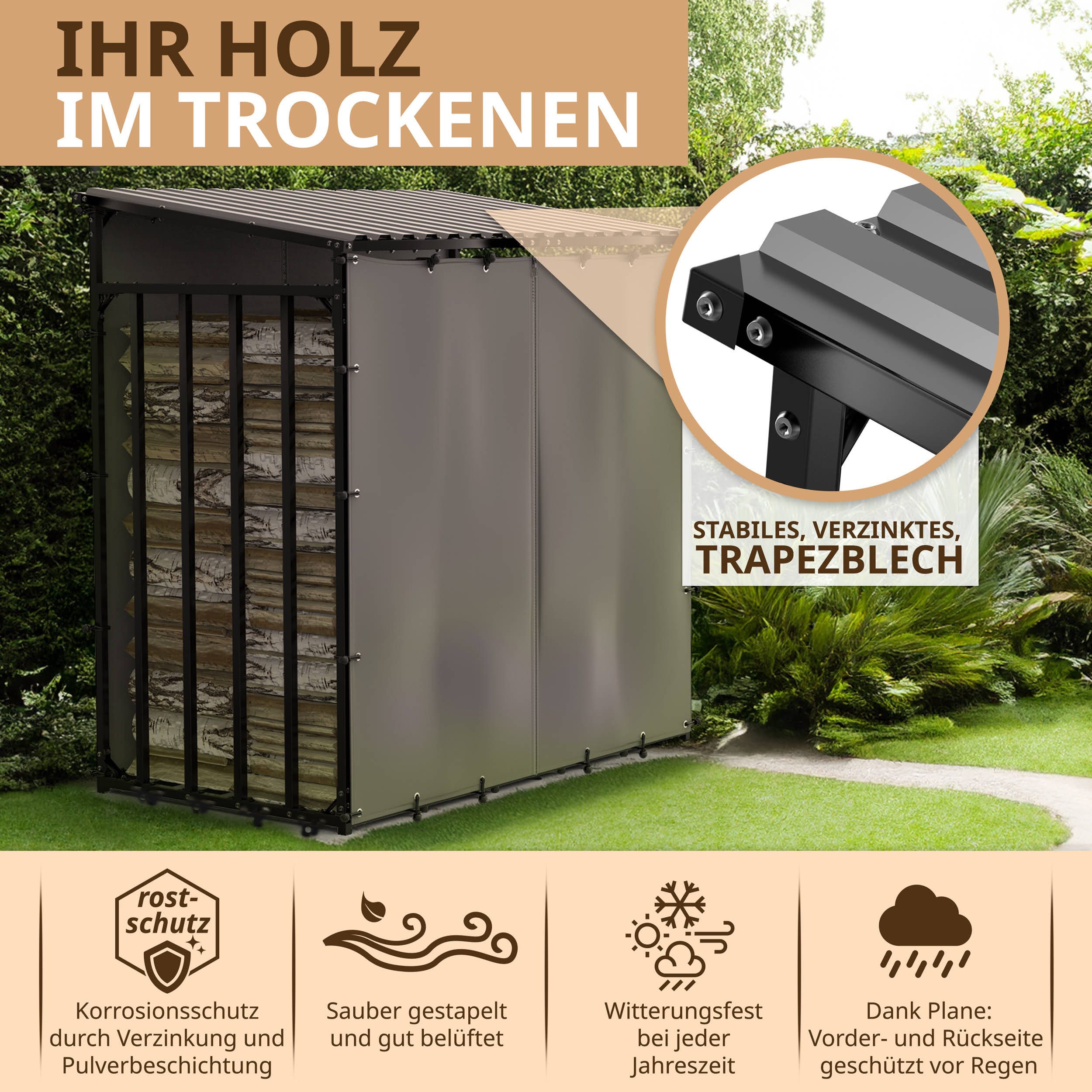 LAWA Living and Lifestyle Kaminholzregal Metall 1m tief für aussen mit Dach XXL mit Wetterschutz 30x30mm, BxTxH:185.00x105.00x185.00 cm, verzinkt, wetterfest