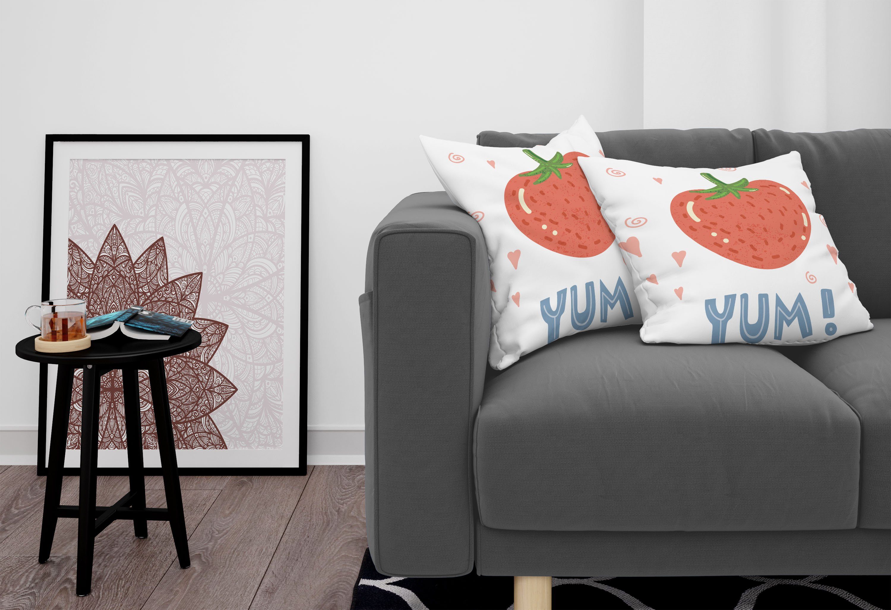 Accent einem Erdbeere Doppelseitiger Beschriftung Stück), mit Abakuhaus Digitaldruck, Yum (2 Modern Kissenbezüge
