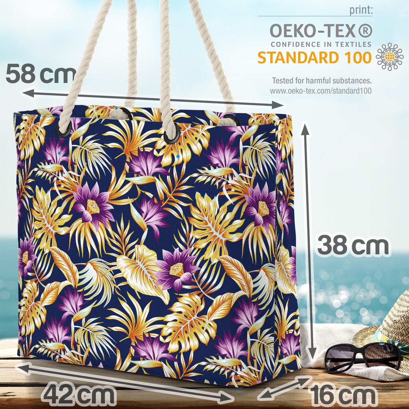 VOID Strandtasche (1-tlg), Palmenblätter Tropen-Wald Vintage Gold Lila Hibiskus Hawaii Bag Blumen Beach