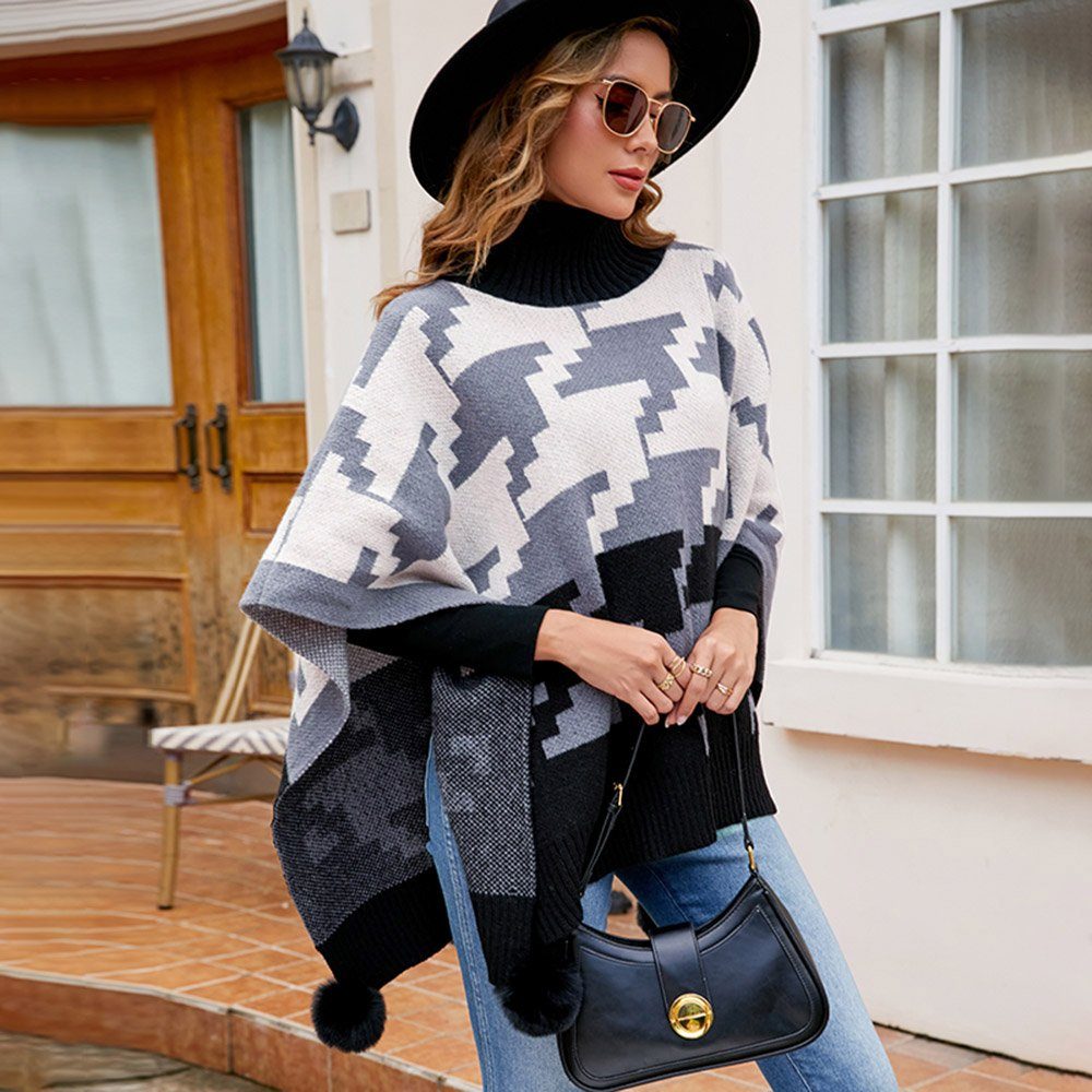 Vivi Idee Strickponcho Damen Strickponcho mit Kragen, Winter warme Schal Pullover angenehm weich und elastisch, Einheitsgröße – Bild 4 von 5