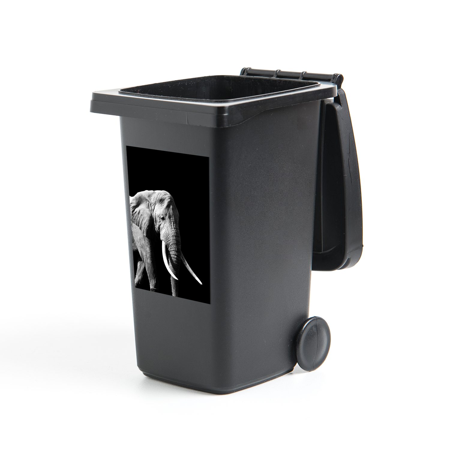 MuchoWow Wandsticker Elefant mit langen Reißzähnen auf schwarzem Hintergrund - schwarz und (1 St), Mülleimer-aufkleber, Mülltonne, Sticker, Container, Abfalbehälter