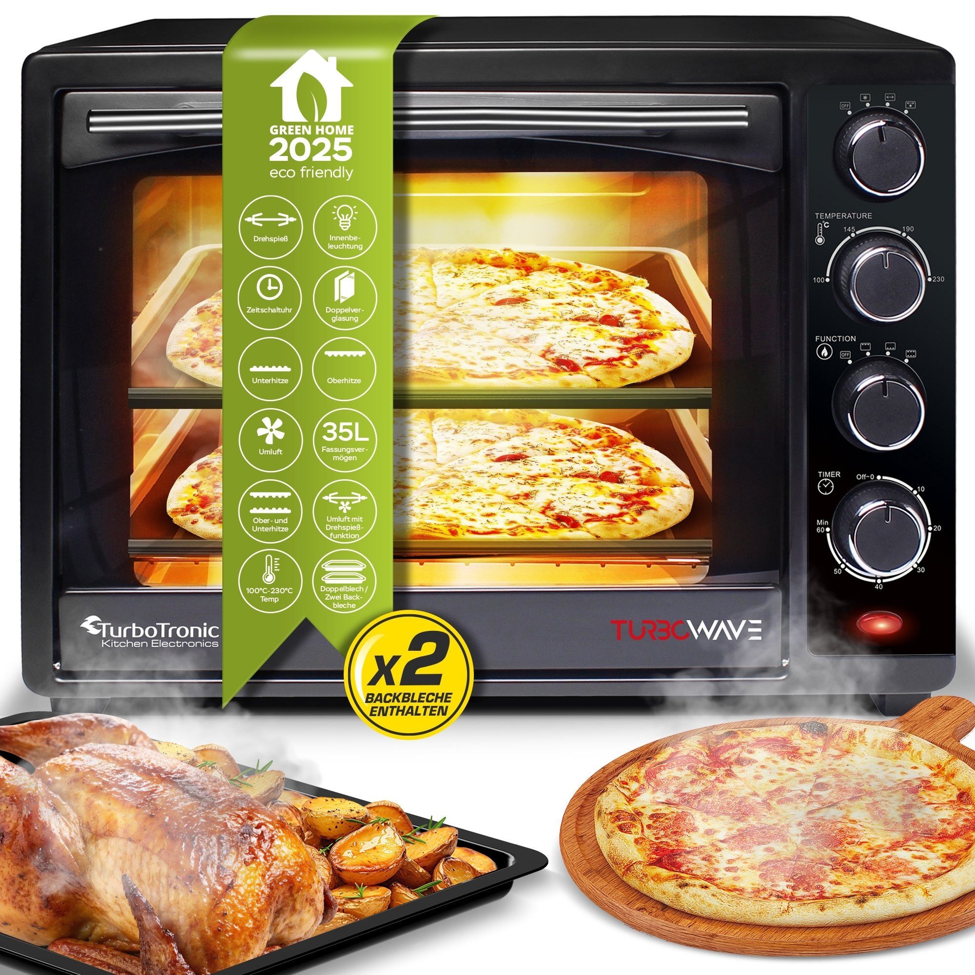 TurboTronic Minibackofen mit Umluft und Drehspieß 35 Liter, Schwarz, inkl. 2x Backblech, Mini-Backofen 1600W
