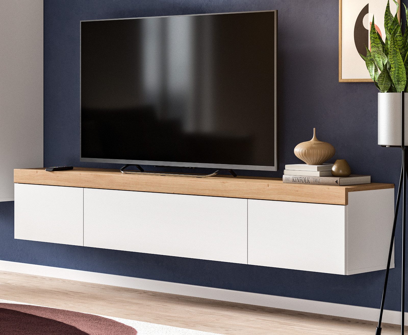 Inn.Furn Lowboard Siena (TV Unterschrank in weiß mit Eiche, hängend / stehend, Breite 180 cm), mit Push-To-Open und Soft-Close