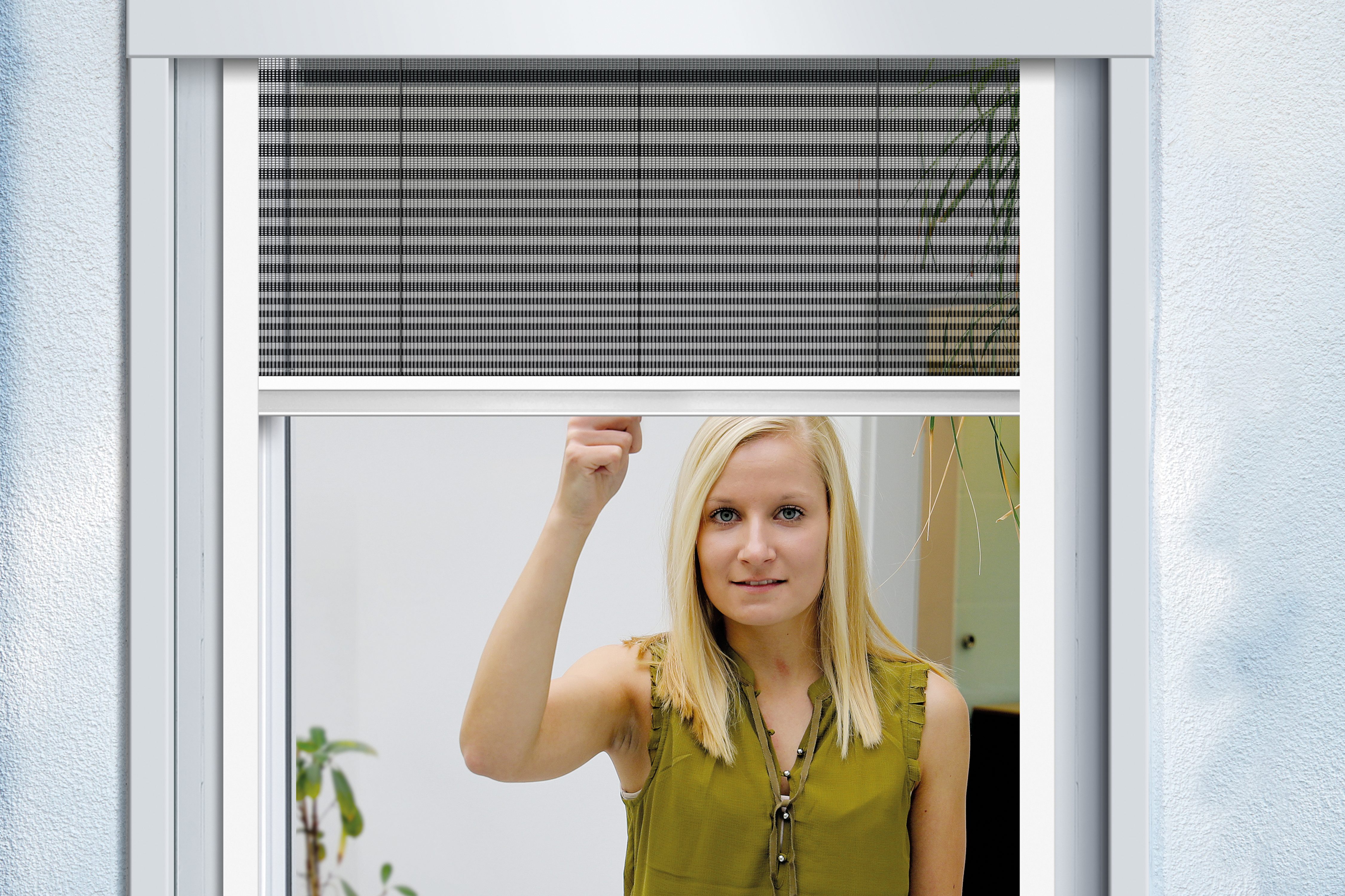 Insektenschutzrollo für Fenster in weiß ohne bohren, SCHELLENBERG, Fliegengitter-Plissee einfache Einhänge-Montage, 140 x 150 cm