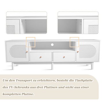 IDEASY TV-Schrank Rattan-TV-Schrank, Bohemian-Stil, mit Schubladen, weiß, 180 x 40 x 56 cm,geeignet für 80-Zoll-Fernseher, integriertes Kabelführungsloch