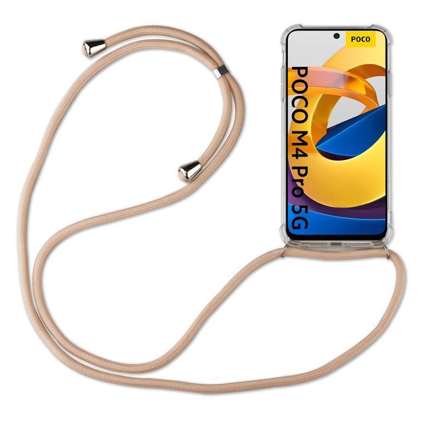 betterfon Handykette für Xiaomi POCO M4 Pro 5G Hülle mit Band & Kordel Bumper Beige/Braun, Hände frei – mit Silikonhülle & Schnur für flexiblen Alltag