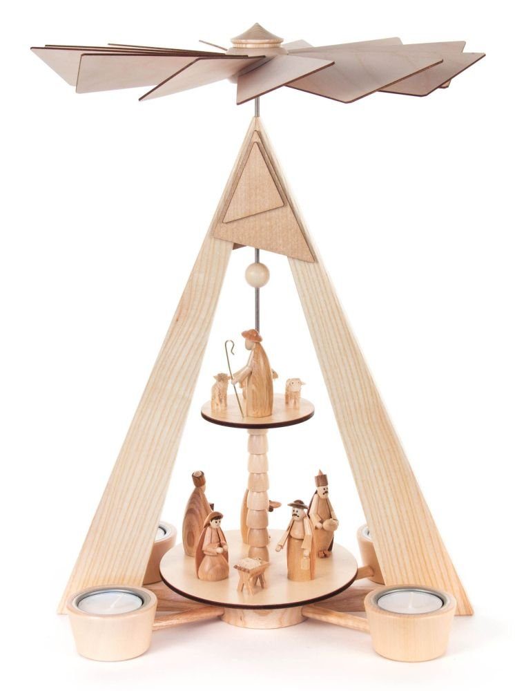 Dregeno Erzgebirge Weihnachtspyramide Pyramide mit Christi Geburt natur, 2-stöckig, für Teelichte BxHxT 2, Pyramide mit Figuren und Tieren der Geburt Christi