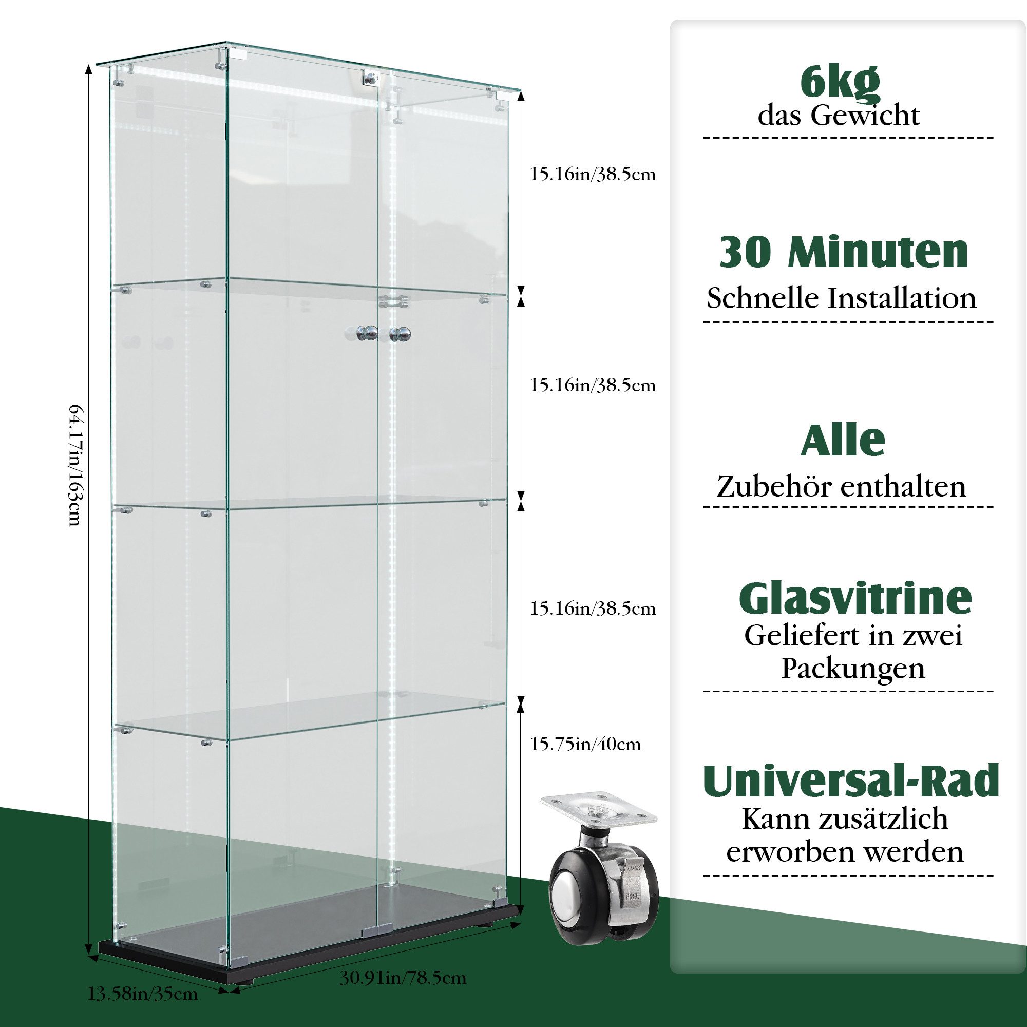 Simurq Glasvitrine Standvitrinen mit LED Beleuchtung Vitrinenschrank mit Glastür (glas vitrine mit 2 Glastür und 4 Lagen,Schloss,Kippsicherung) Sammlervitrine aus gehärtetes Glas,Modernes rahmenloses Design
