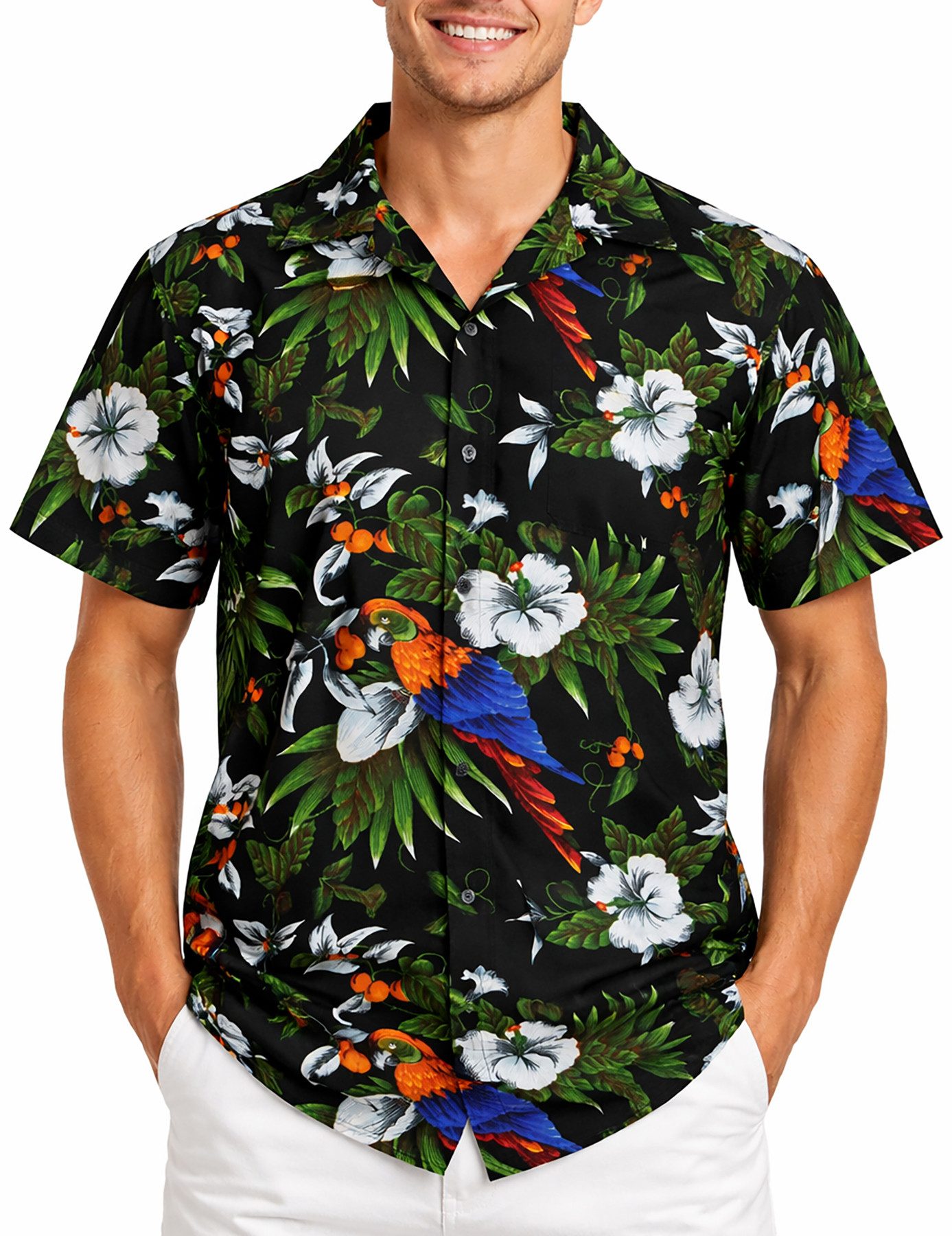 King Kameha Hawaiihemd "Cherry Parrot" Funky Hawaiihemd Herren Kurzarm Fronttasche Sommerhemd