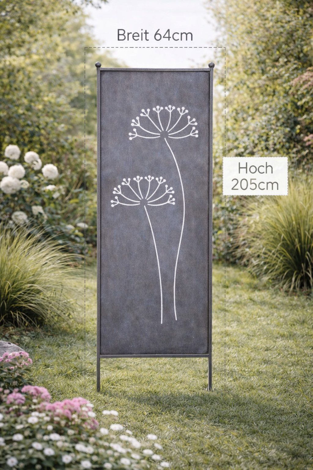 finehomegarden Gartenstecker Stele Metall Pusteblume Sichtschutz grau (1-St) Windschutz Outdoor H205cm B64cm Dekowand Garten / Spedition