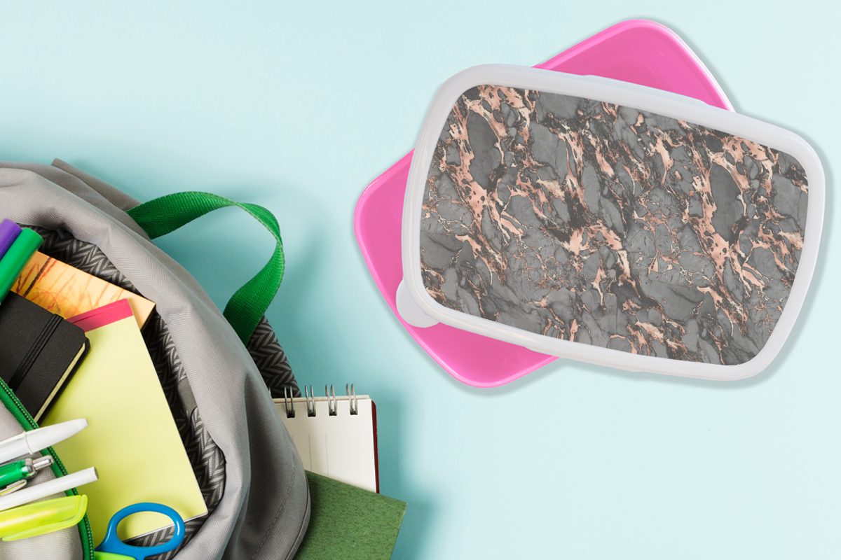Brotbox - MuchoWow (2-tlg), Kunststoff Lunchbox - Brotdose Grau rosa Rose Marmor Erwachsene, Mädchen, Kinder, für - Muster, Snackbox, Kunststoff,