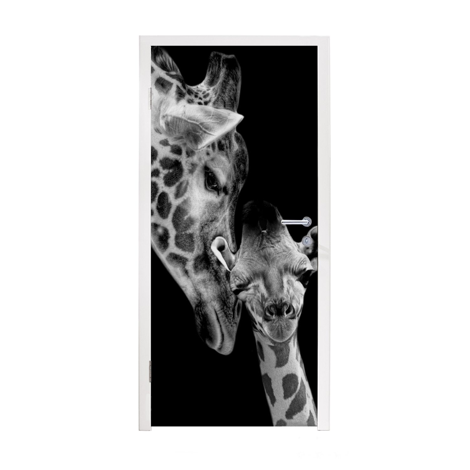 MuchoWow Türtapete Porträt - Giraffe - Tiere - Schwarz - Weiß, Matt, bedruckt, (1 St), Fototapete für Tür, Türaufkleber, 75x205 cm