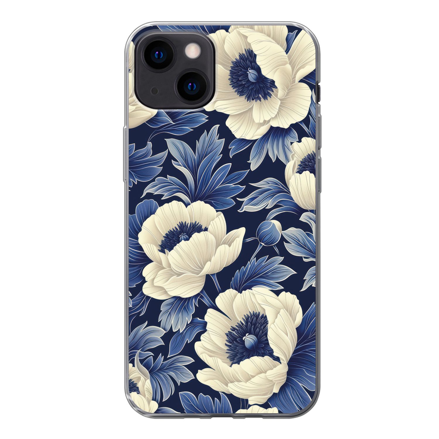 MuchoWow Handyhülle für Apple iPhone 13 Blumen - Muster - Blau - Weiß, Smartphone-Bumper, Print, Handy Schutzhülle Dünn