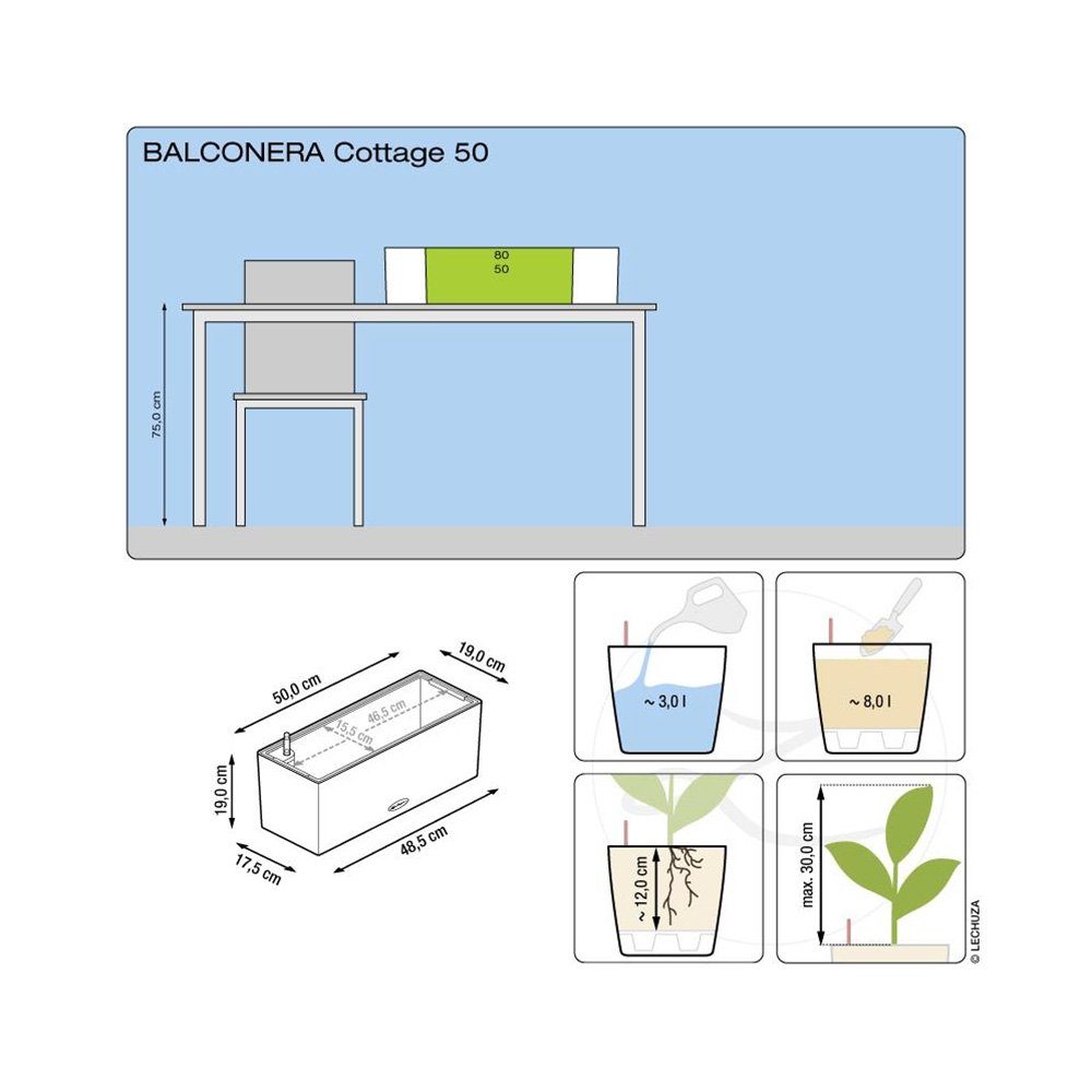 Balkonkasten St) 50 Lechuza® (1 Balconera Wasserspeicher Cottage lichtgrau