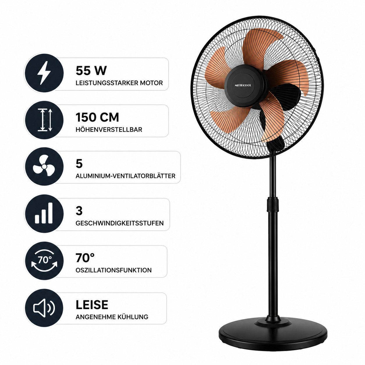 Ertex Standventilator Standventilator 55W Ventilator Ø41cm, höhe bis 150 cm leise