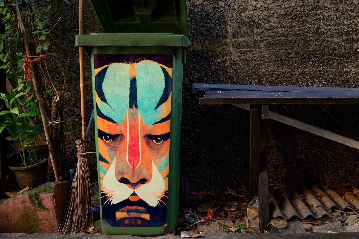 - MuchoWow Tiere Tiger - Wandsticker - Kunst Mülleimer-aufkleber, Container, (1 Sticker, Abfalbehälter Mülltonne, - Abstrakt St), Porträt
