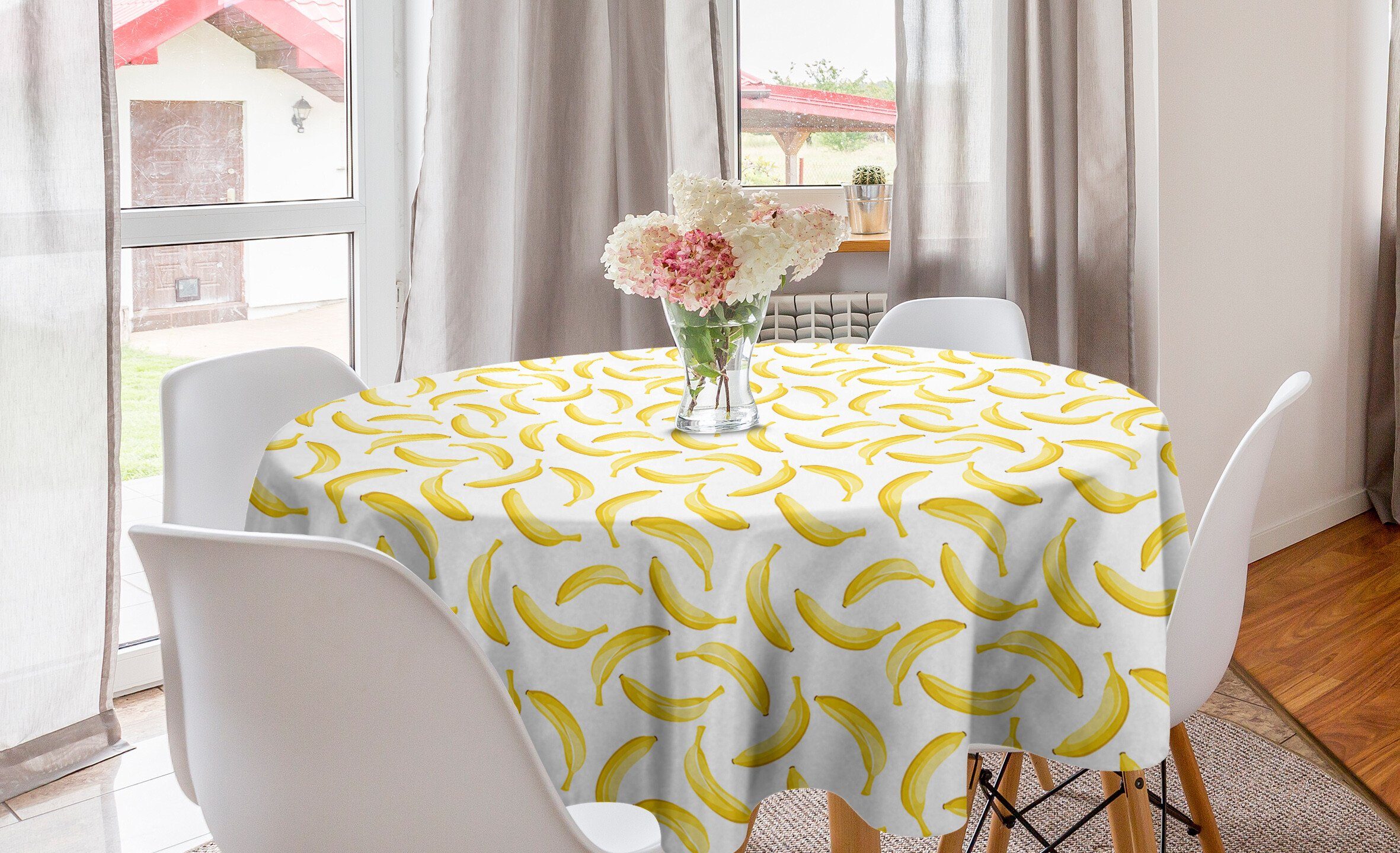 Abakuhaus Tischdecke Kreis Tischdecke Abdeckung für Esszimmer Küche Dekoration, Gelb und Weiß Cartoon Banana