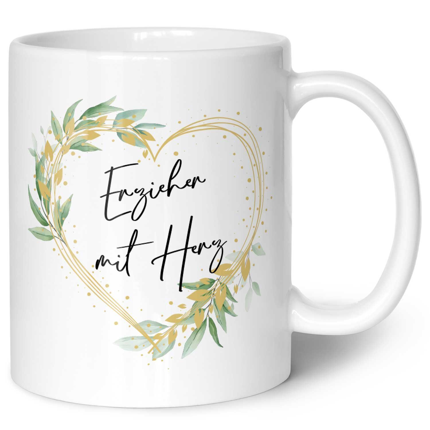 GRAVURZEILE Tasse mit Spruch - Erzieher / Erzieherin mit Herz - Langlebiger Druck, aus Keramik - Spülmaschinenfest, Motiv: Erzieher - Farbe: Weiß