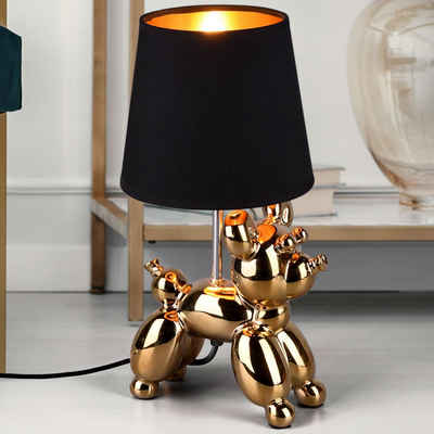 etc-shop LED Tischleuchte, Leuchtmittel inklusive, Warmweiß, Keramik Tisch Lampe GOLD Hunde Design Wohn Zimmer Textil Lese-