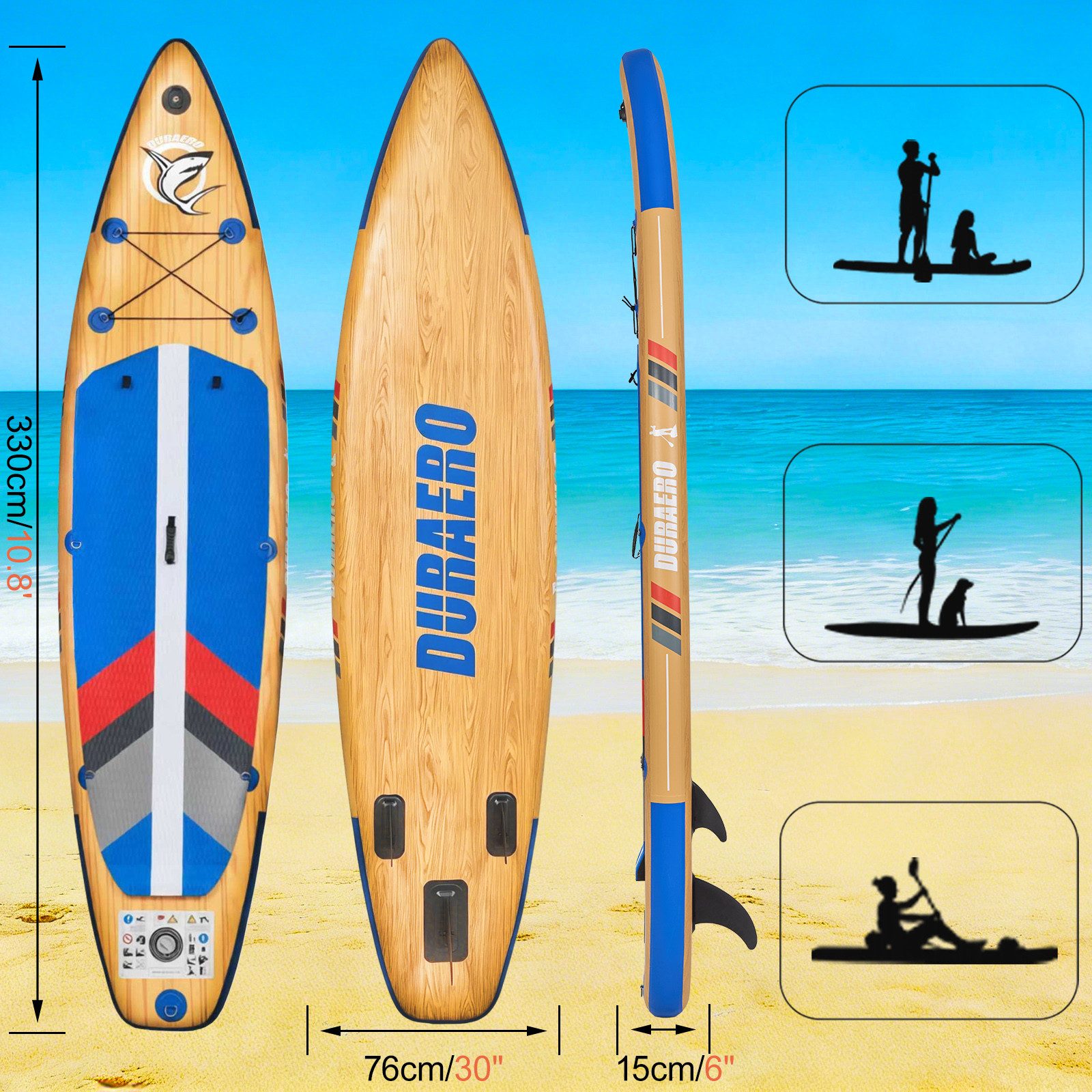 DURAERO Inflatable SUP-Board Stand Up Paddle Board Aufblasbar, SUP Board Set in Holzoptik