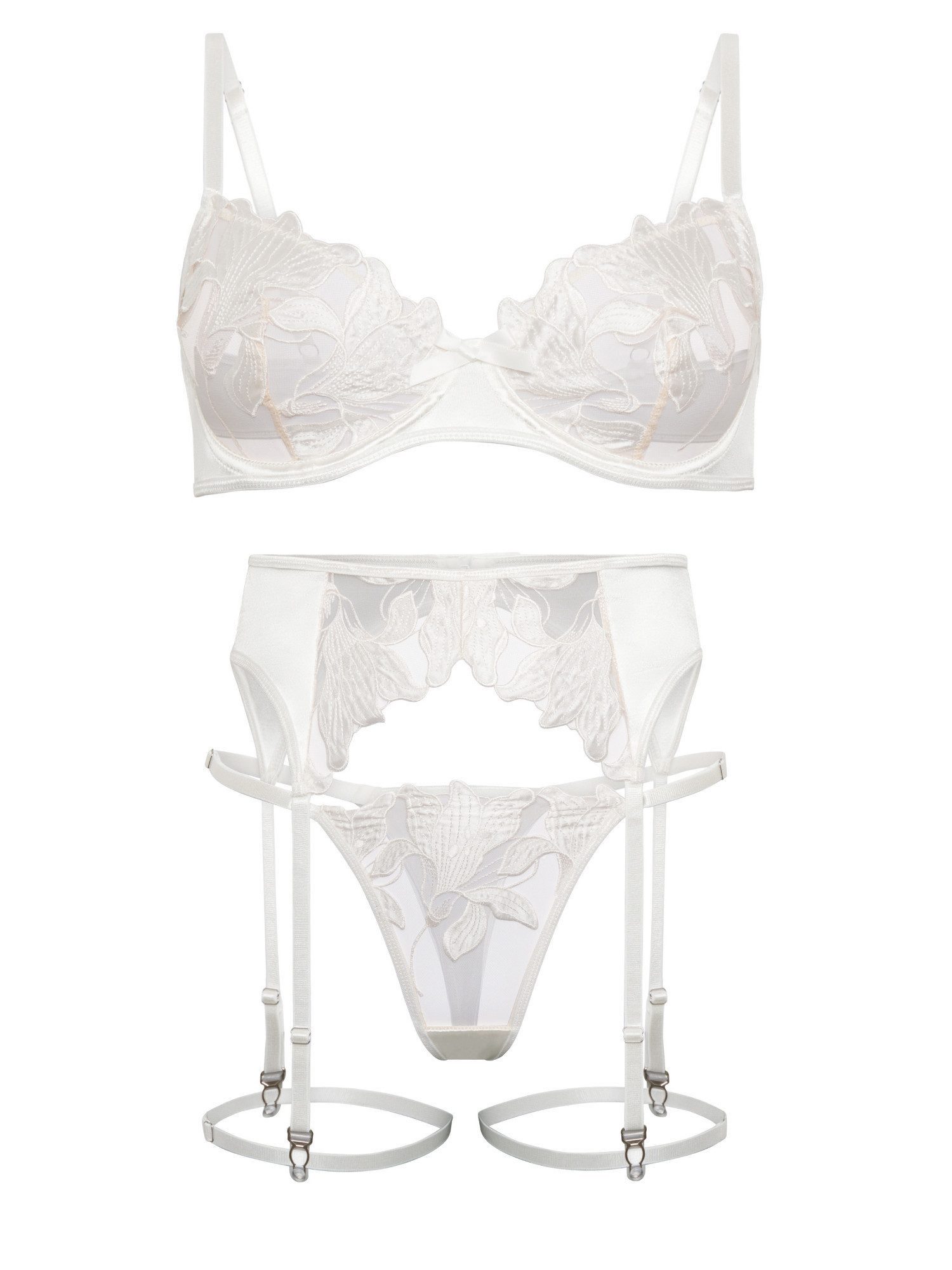 Elegant Love Set: Bügel-BH Satin-Dessous-Set mit Strapsen – Edle Damenunterwäsche mit Stickerei (Set, 3-tlg., BH, Strumpfhalter, Tanga) Sexy Spitzen-Lingerie-Set – Reizwäsche für besondere Momente