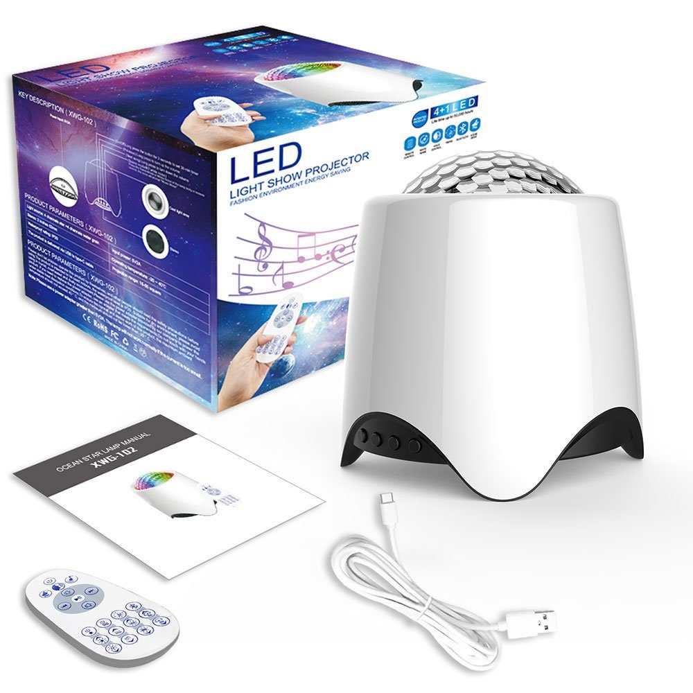 Rosnek LED Nachtlicht Galaxy Starry,Bluetooth-Musikplayer,Dimmbar,Geschenke für Kinder, USB, Rot, Grün, Blau, Weiß, LED Sternenhimmel-Projektor, White Noise,USB,mit Fernbedienung