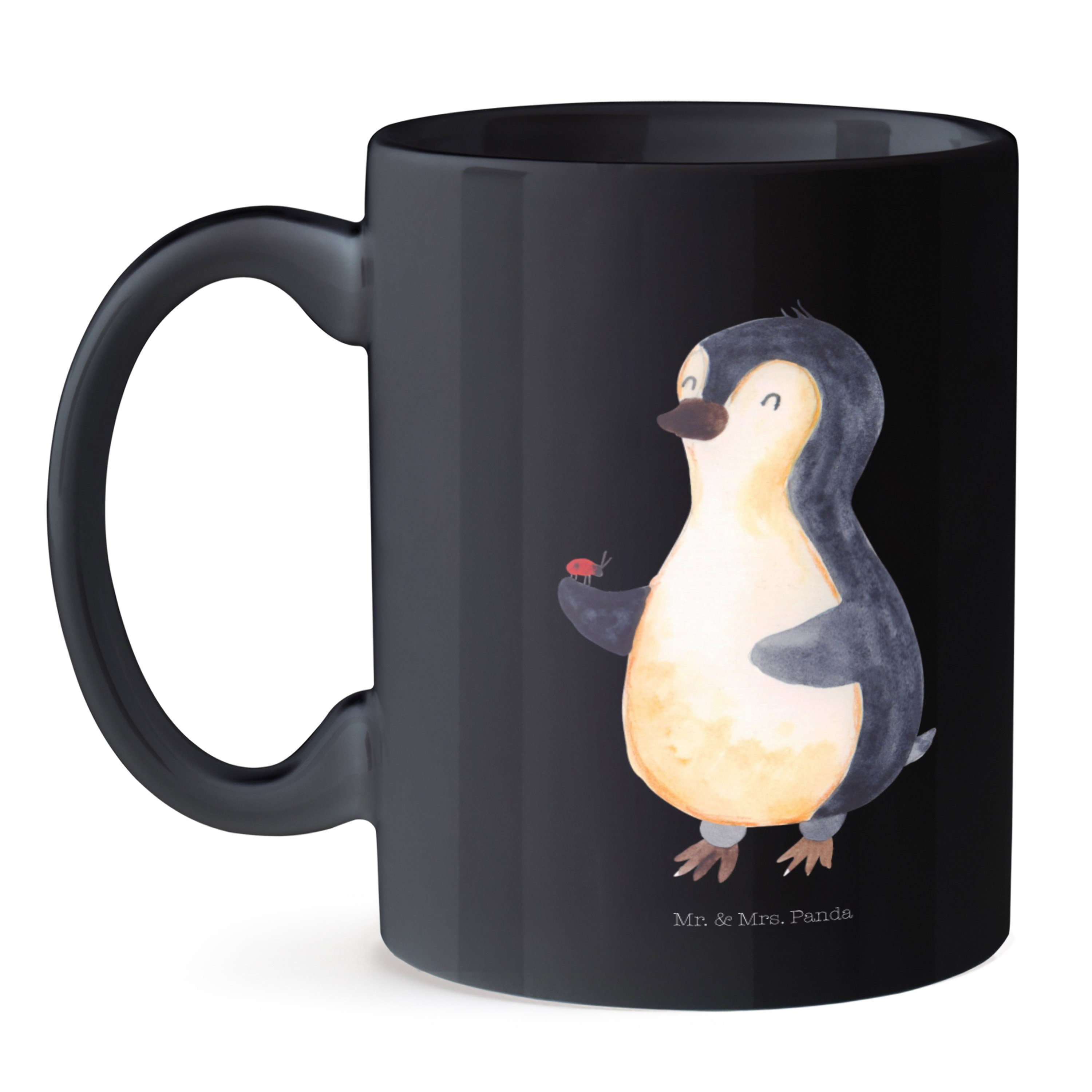 Geschenk, Mrs. - Tasse & Panda Mr. Keramik - Marienkäfer Becher, Schwarz Tasse, Geschen, Schwarz Büro Pinguin