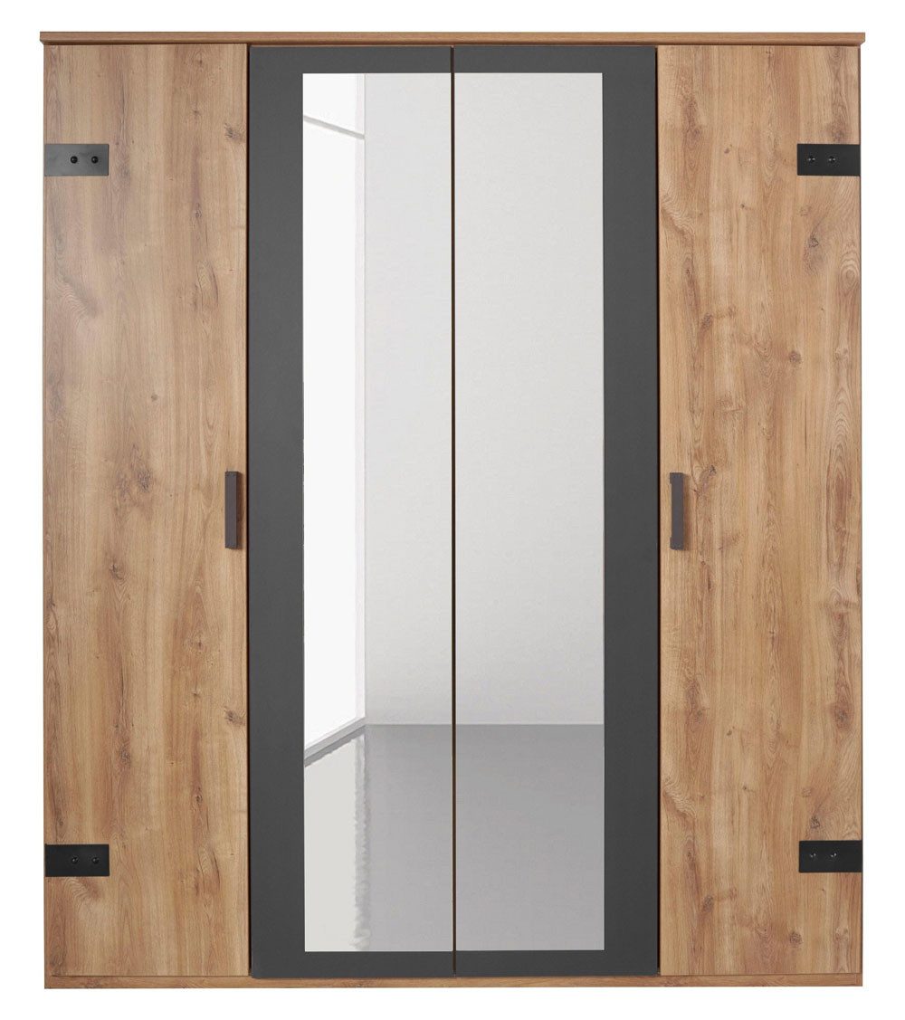 Wimex Drehtürenschrank Malmö (Holztüren, Spiegeltüren, Einlegeböden, Kleiderstangen, 1-St., moderne Optik, schwarze Bügelgriffe, mit Spiegel) 180x58x210cm Plankeneiche / Graphit