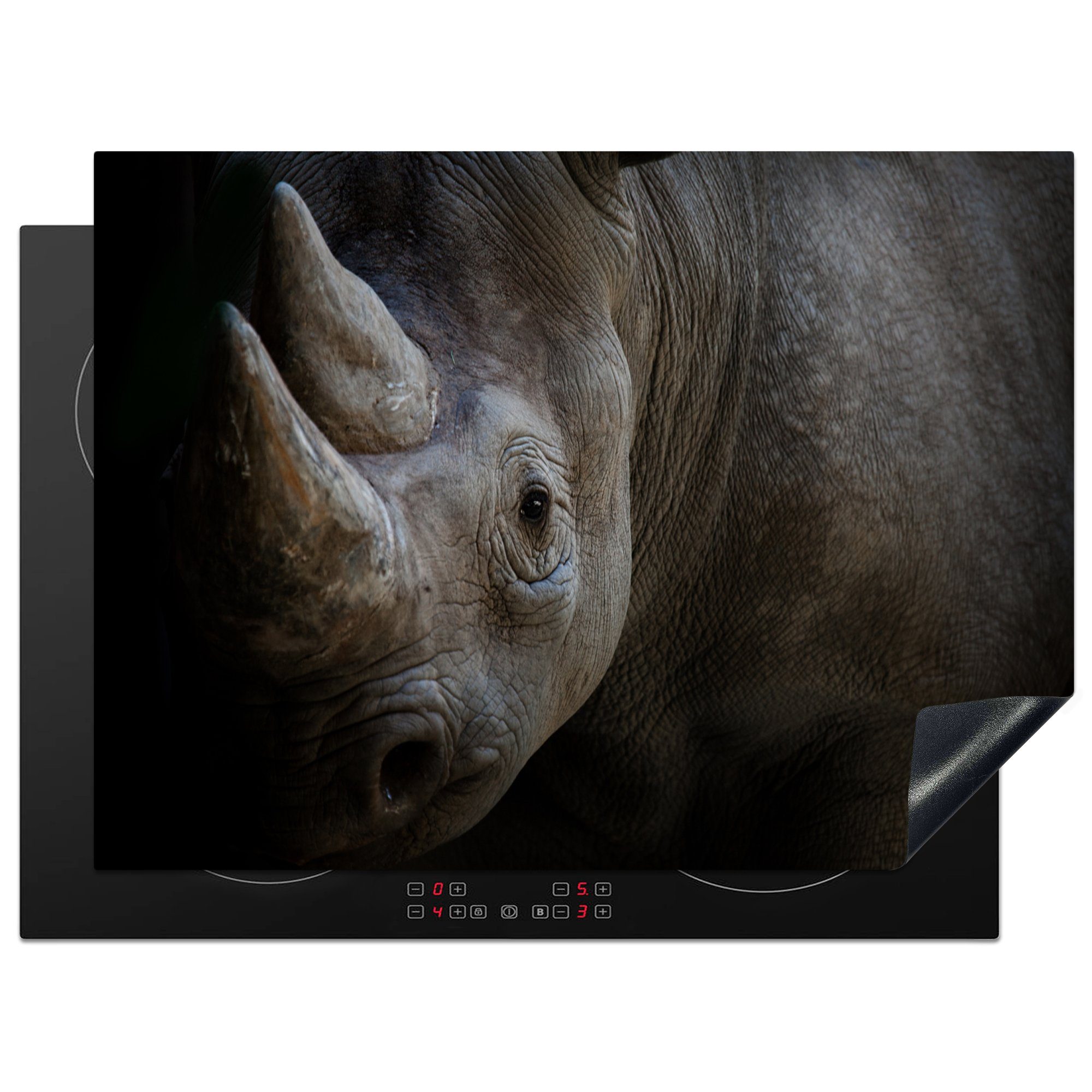 MuchoWow Herdblende-/Abdeckplatte Rhinozeros - Tier - Wild, Vinyl, (1 tlg), 70x52 cm, Mobile Arbeitsfläche nutzbar, Ceranfeldabdeckung