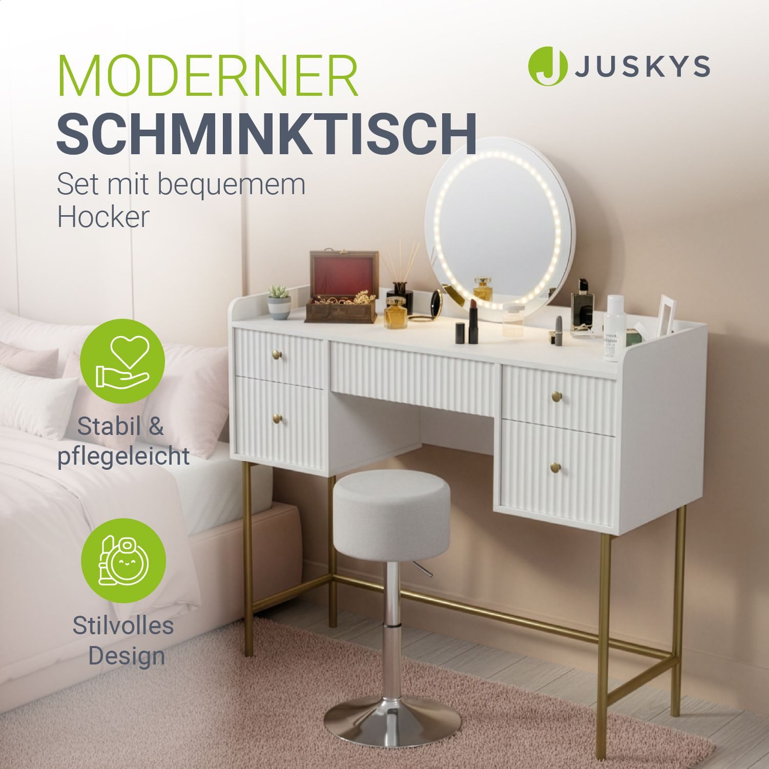 Juskys Schminktisch Samira (2-St), Inkl. Hocker, Touch-LED-Spiegel, goldfar günstig online kaufen