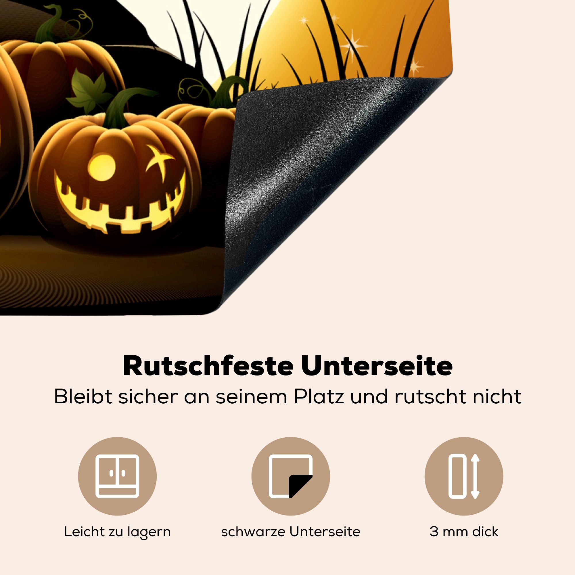 für Schloss Ceranfeldabdeckung, Arbeitsplatte tlg), die Illustration Herdblende-/Abdeckplatte ein 78x78 Halloween über cm, küche zu Vinyl, (1 einer Hexe, MuchoWow fliegt, Eine