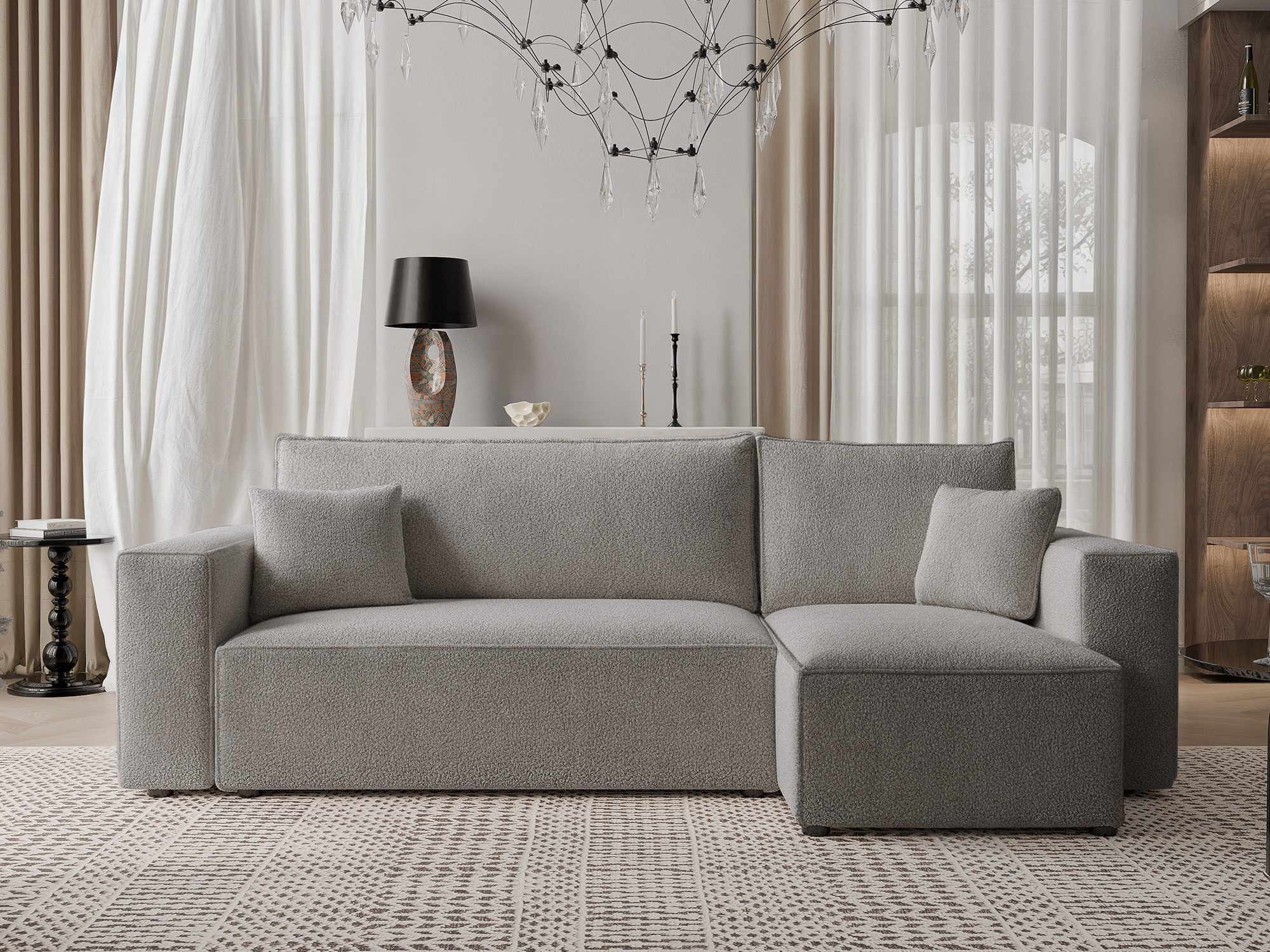 yourhouse24 Ecksofa PARIS L Kompakte Design – Trend-Bezug, Schlaffunktion & Bettkasten, mit Schlaffunktion und Bettkasten, Seite universal
