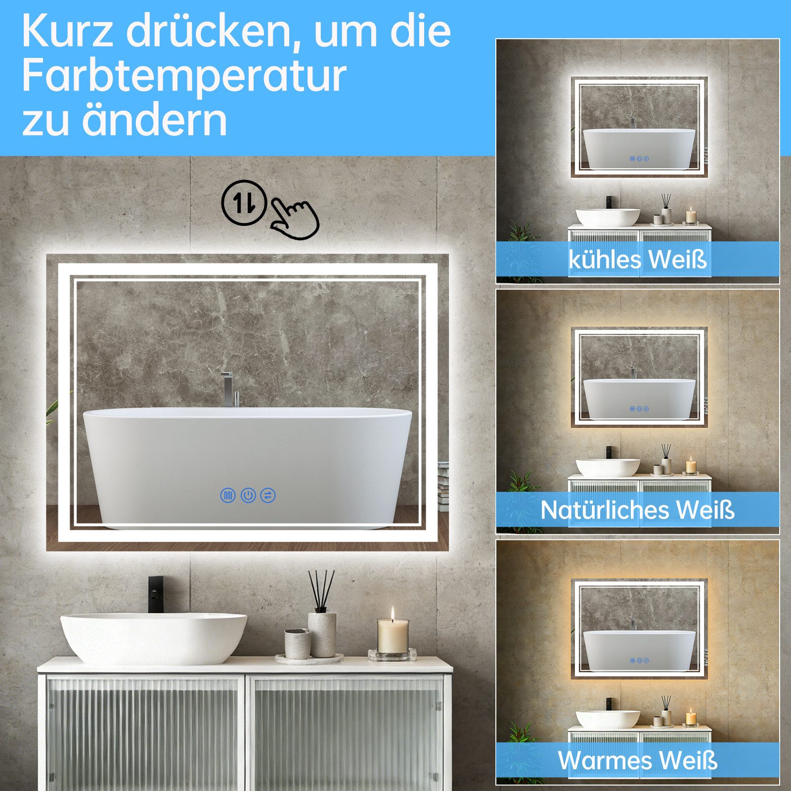 JDONG Badspiegel Mit Beleuchtung Led Wandspiegel (Touch-Schalter,Durchmesser: 80~150cm, 3 Lichtfarben, Vertikal und Horizontal möglich), Antibeschlag, Speicherf – Bild 4 von 5