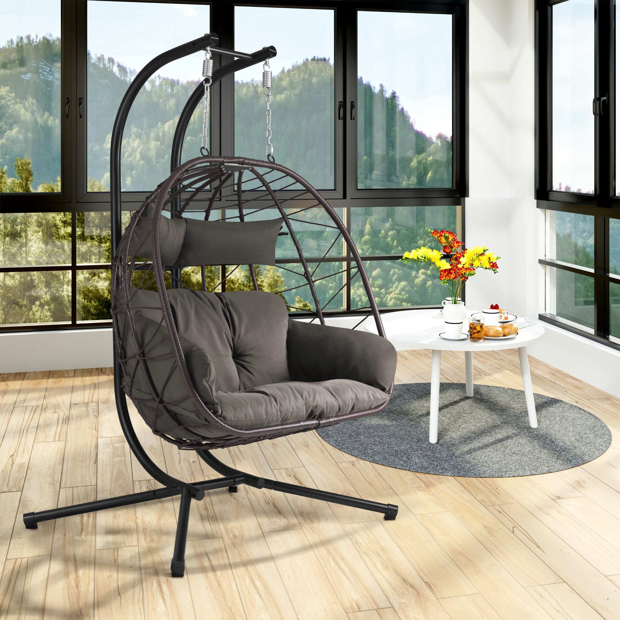 HinHocker Hängesessel Hängesessel für 2 Personen mit Gestell, Braun, XXL Hängeschaukel Indoo, Faltbarer Korb